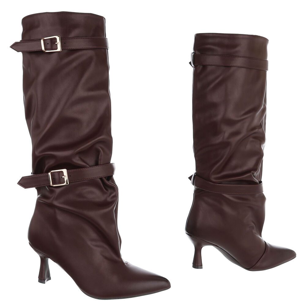Ital-Design Damen Kniehohe Stiefel mit Schnallen und Absatz High-Heel-Stiefel (92125339) Pfennig-/Stilettoabsatz Stiefel in Weinrot – Bild 4 von 5