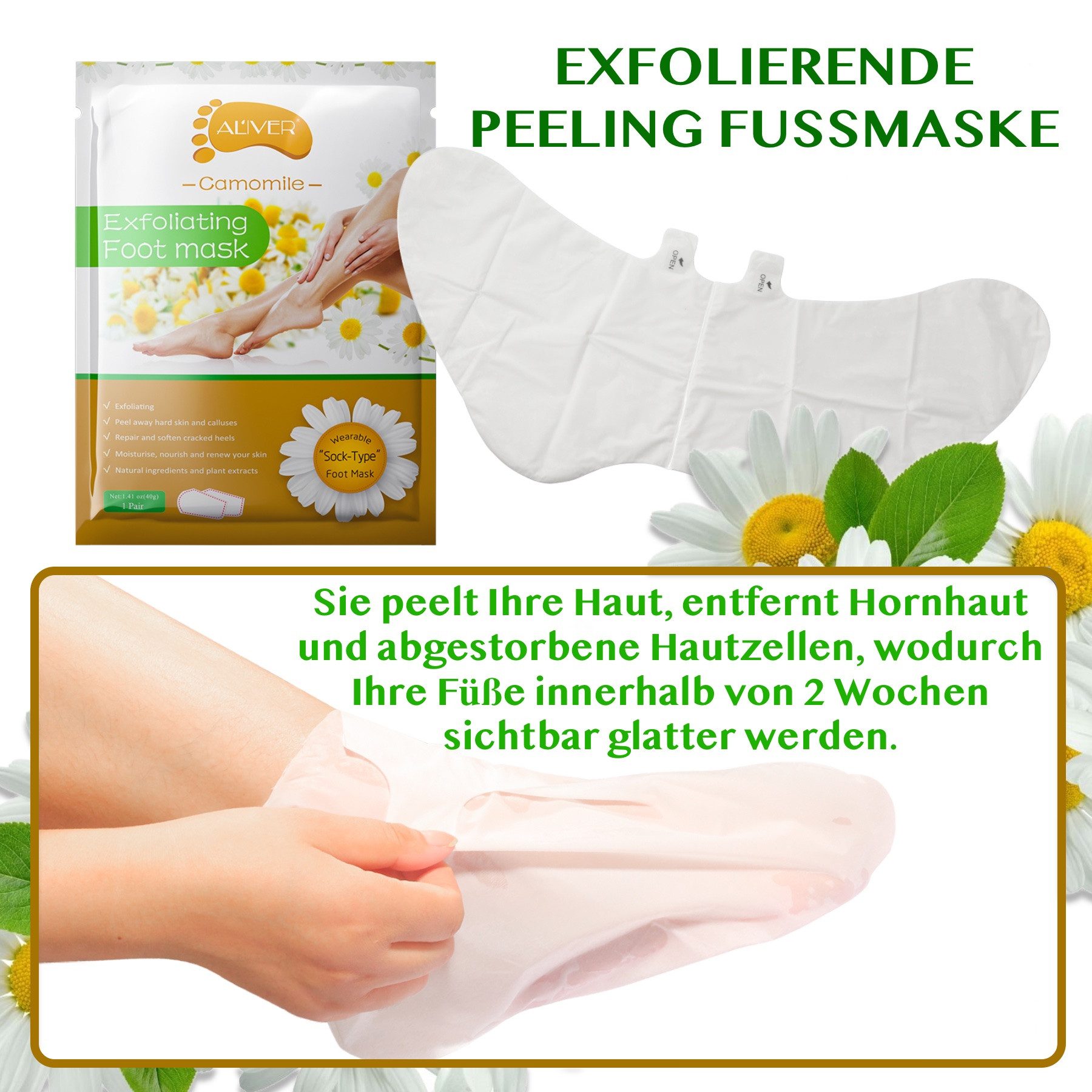 ALIVER Fußmaske Fusspeeling Fußpflege Anti Hornhaut Socken Hornhautentferner Kamille, 1-tlg.