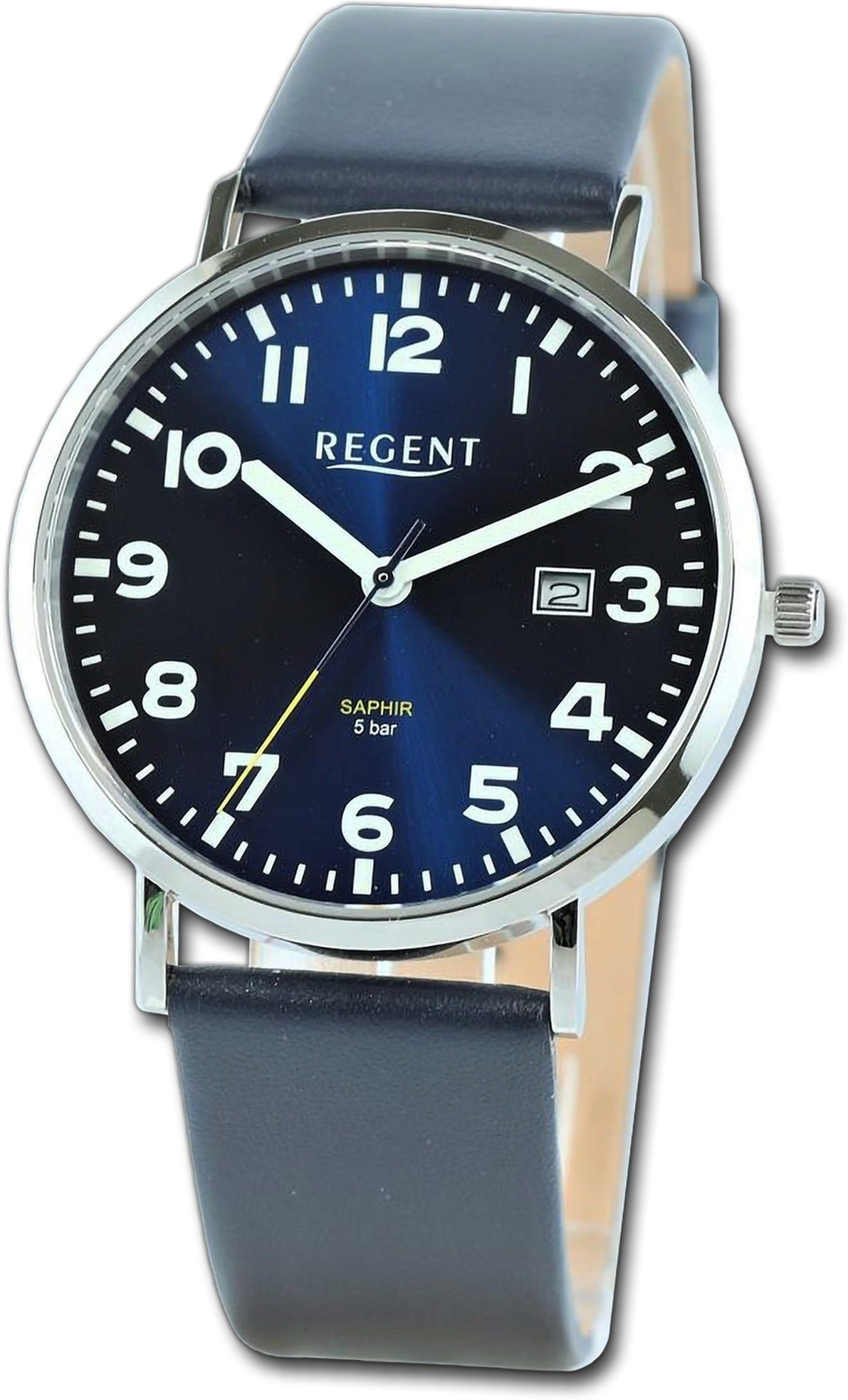Regent Quarzuhr Regent Herren Armbanduhr Analog, Herrenuhr Lederarmband blau, rundes Gehäuse, extra groß (ca. 39,3mm)