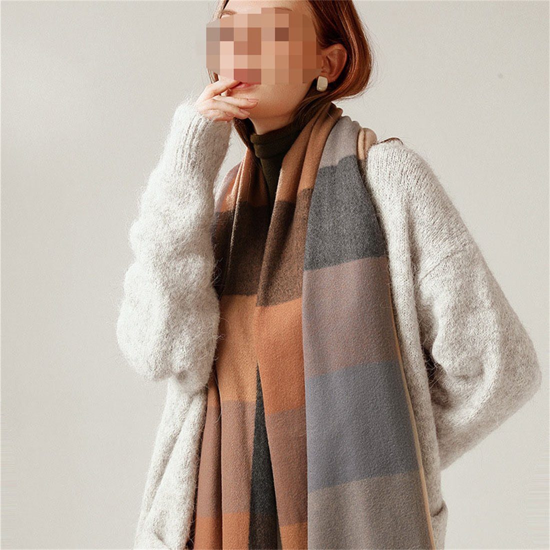 DÖRÖY Modeschal Schal quadratischen Damen Beige Schal, gestreiften Warm Vintage Winter