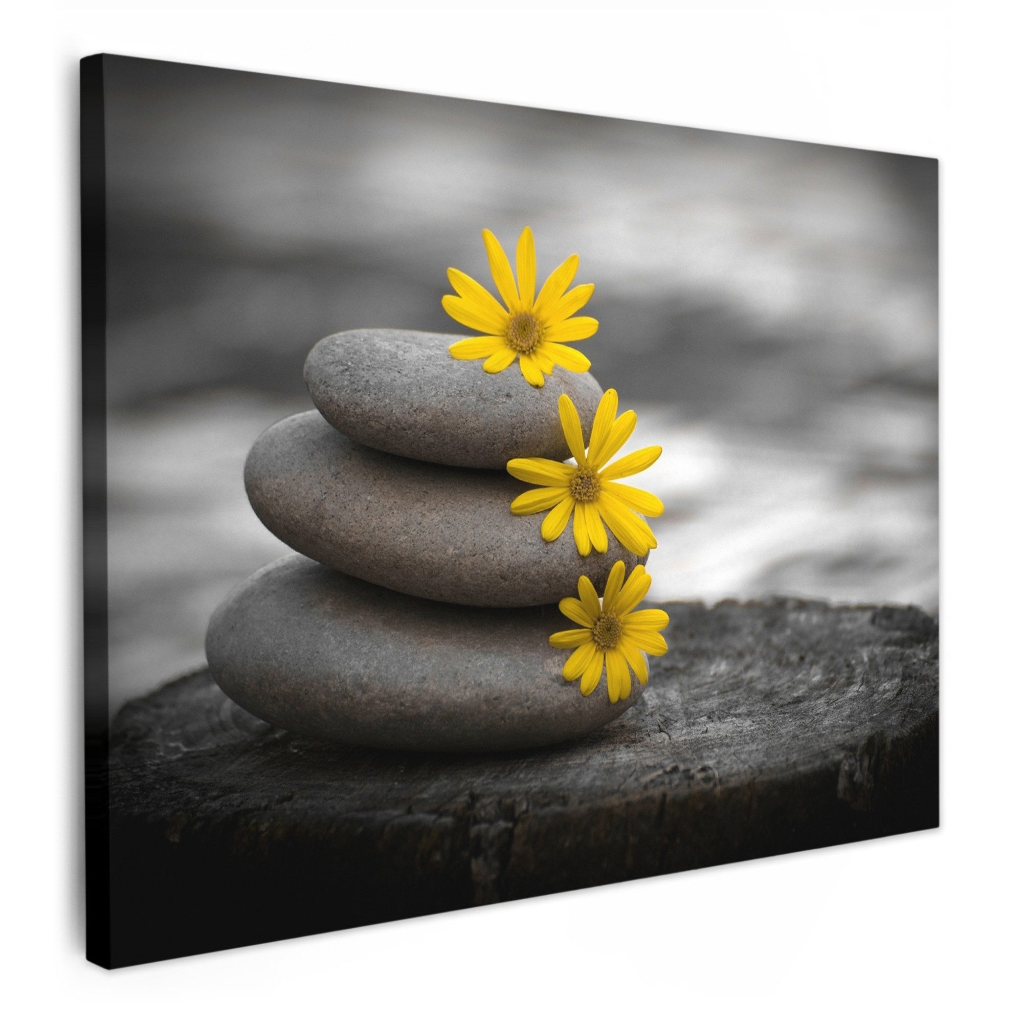 OneMillionCanvasses® Leinwandbild Zen-Steine - Blumen - Gelb - Natur, Fotodruck (1 St), Badezimmer Deko, Bilder WC, Toilette Wanddeko 70x50 cm