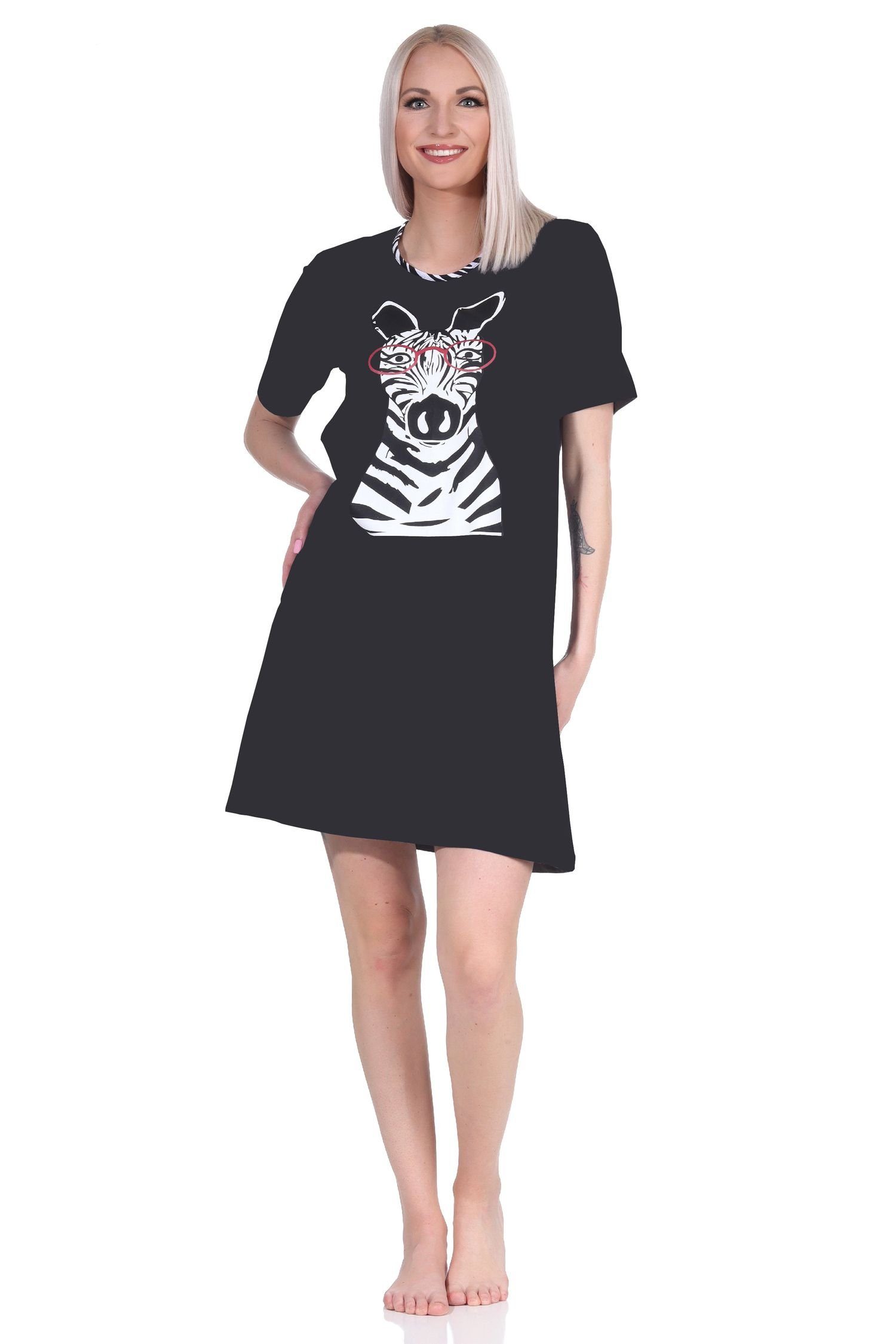 Normann Nachthemd Süsses Damen kurzarm Nachthemd mit Tiermotiv - auch in Übergrössen schwarz