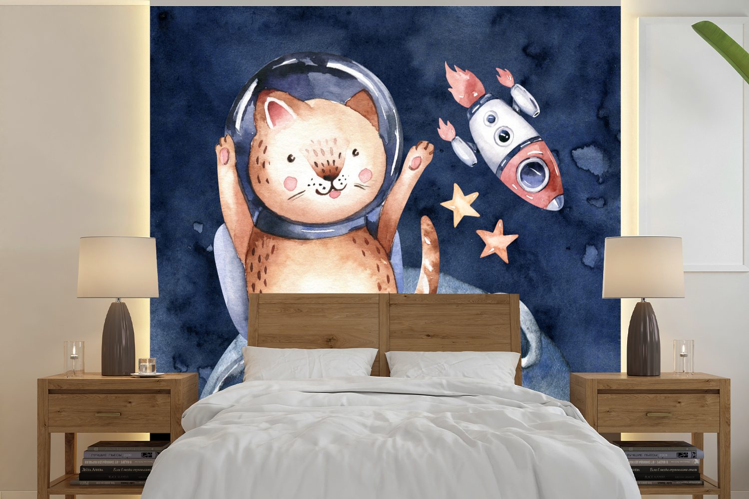 MuchoWow Fototapete Weltraum - Rakete - Katze - Kind - Jungen - Mädchen - Kinder, Matt, bedruckt, (5 St), Vinyl Tapete für Wohnzimmer oder Schlafzimmer, Wandtapete