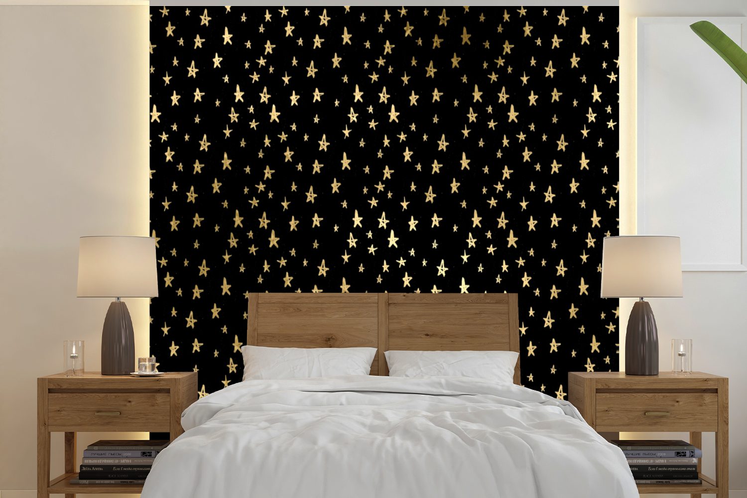 MuchoWow Fototapete Muster - Sterne - Gold, Matt, bedruckt, (5 St), Vinyl Tapete für Wohnzimmer oder Schlafzimmer, Wandtapete