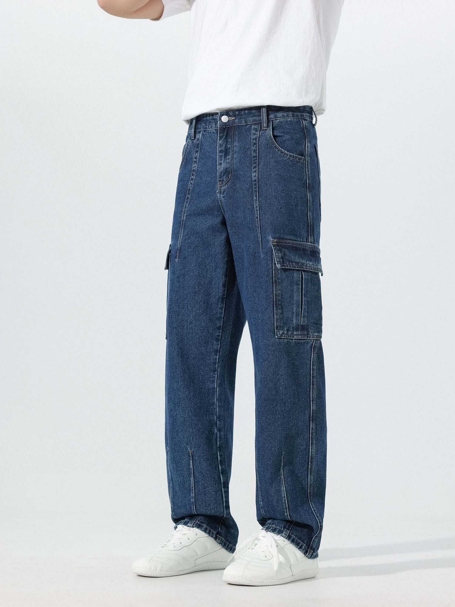 YOUTHUP Cargojeans Herren Einfarbige Freizeitjeans mit Mehrtaschen-Design Freizeithose