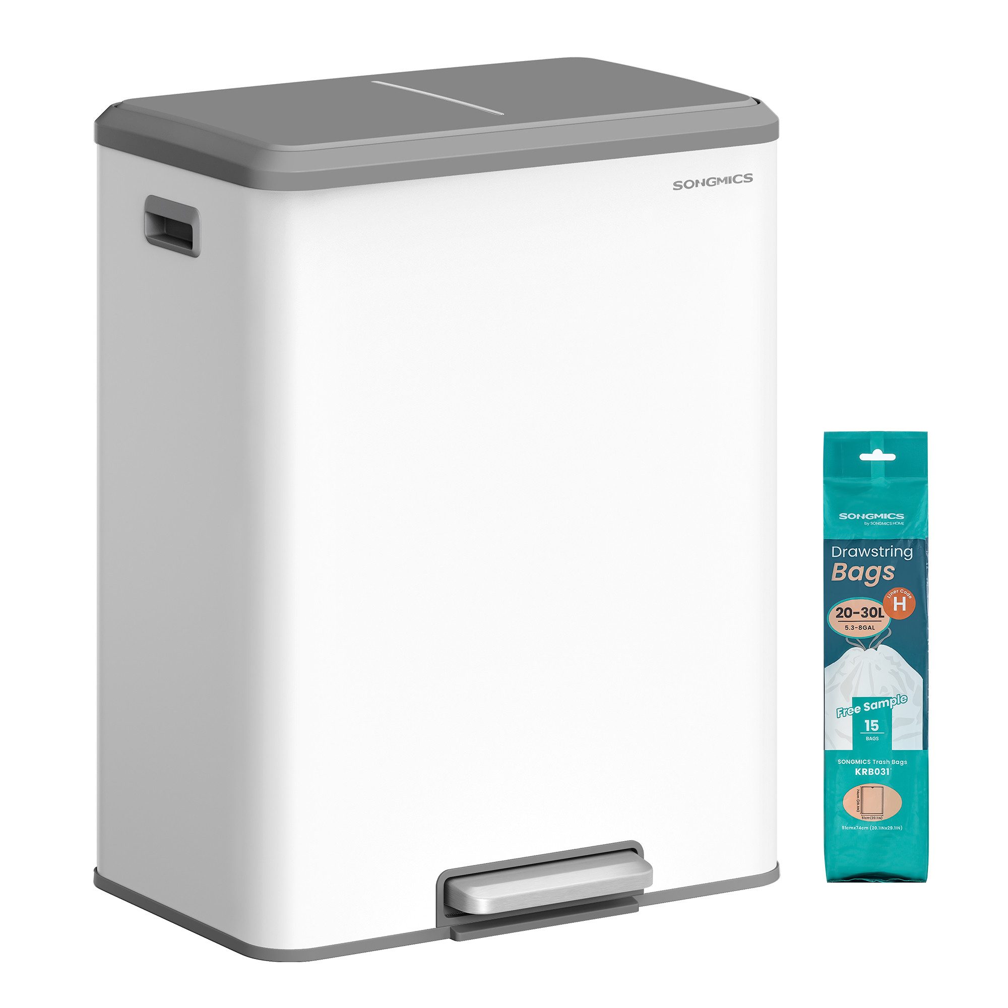SONGMICS Mülleimer 2 Fächer für Recycling und Restmüll, Abfalleimer, Inneneimer, Stahl, Softclose-Deckel, breites robustes Pedal, Mülltrennsystem 2 x 30 L