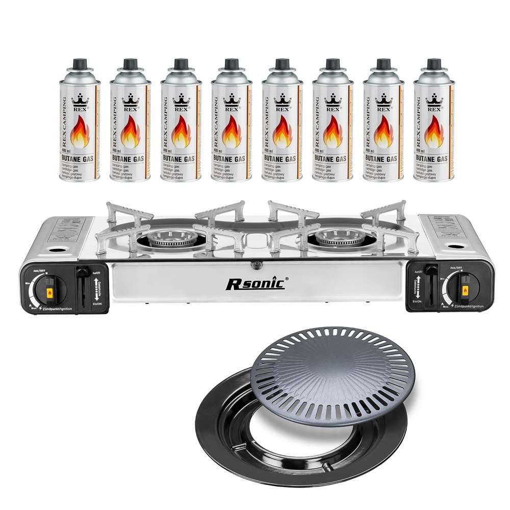 Mianova Gaskocher Doppel Gaskocher 2 flammiger Campingkocher BBQ Grillplatte Gasflaschen, (Leistungsstarker 2 Flammen Campingkocher mit Piezozündung wahlweise mit Gaskartuschen und Grillplatte)