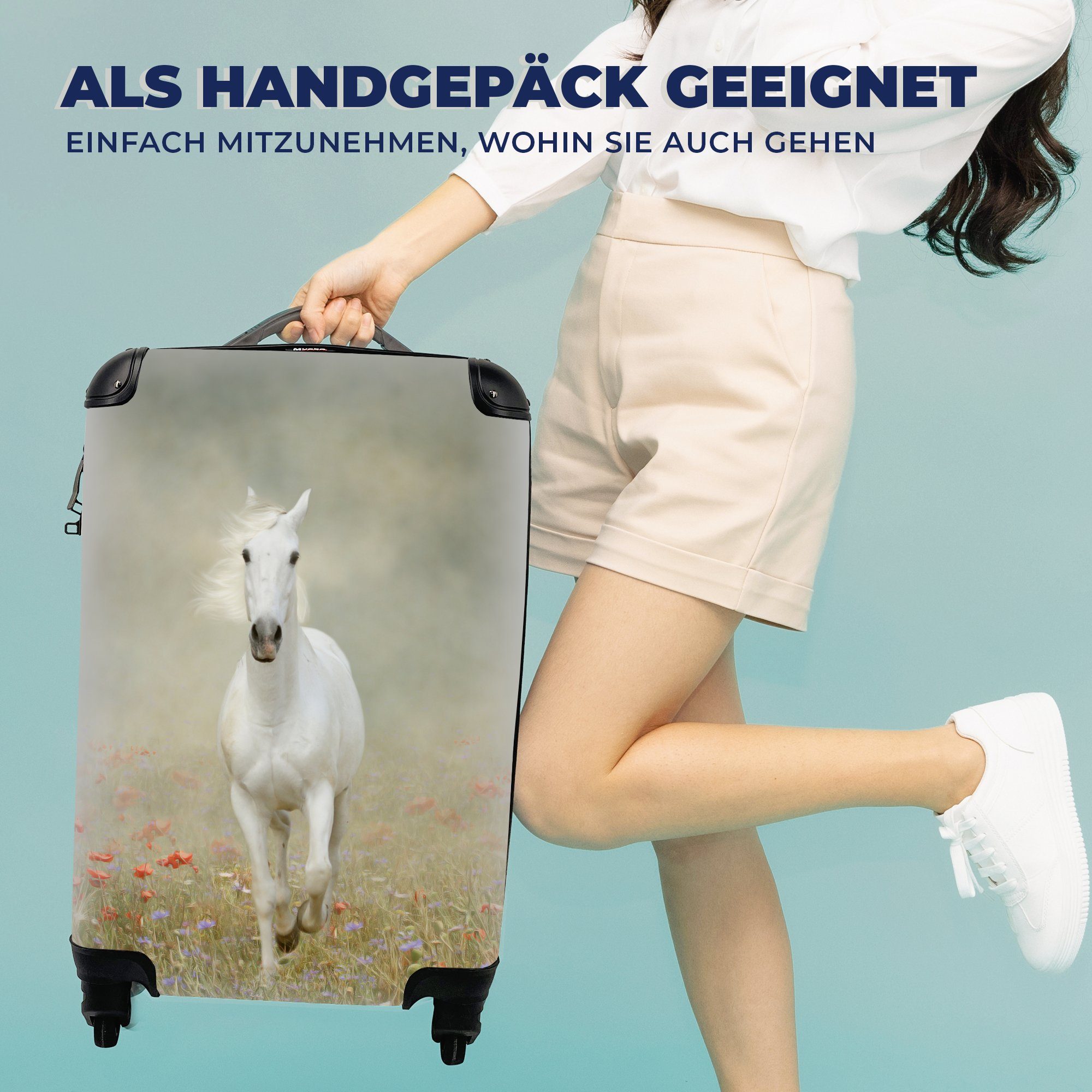 Handgepäckkoffer Handgepäck Trolley, 4 für Ferien, Reisekoffer MuchoWow Pferd rollen, Blumen, Stoff Rollen, mit - Reisetasche -