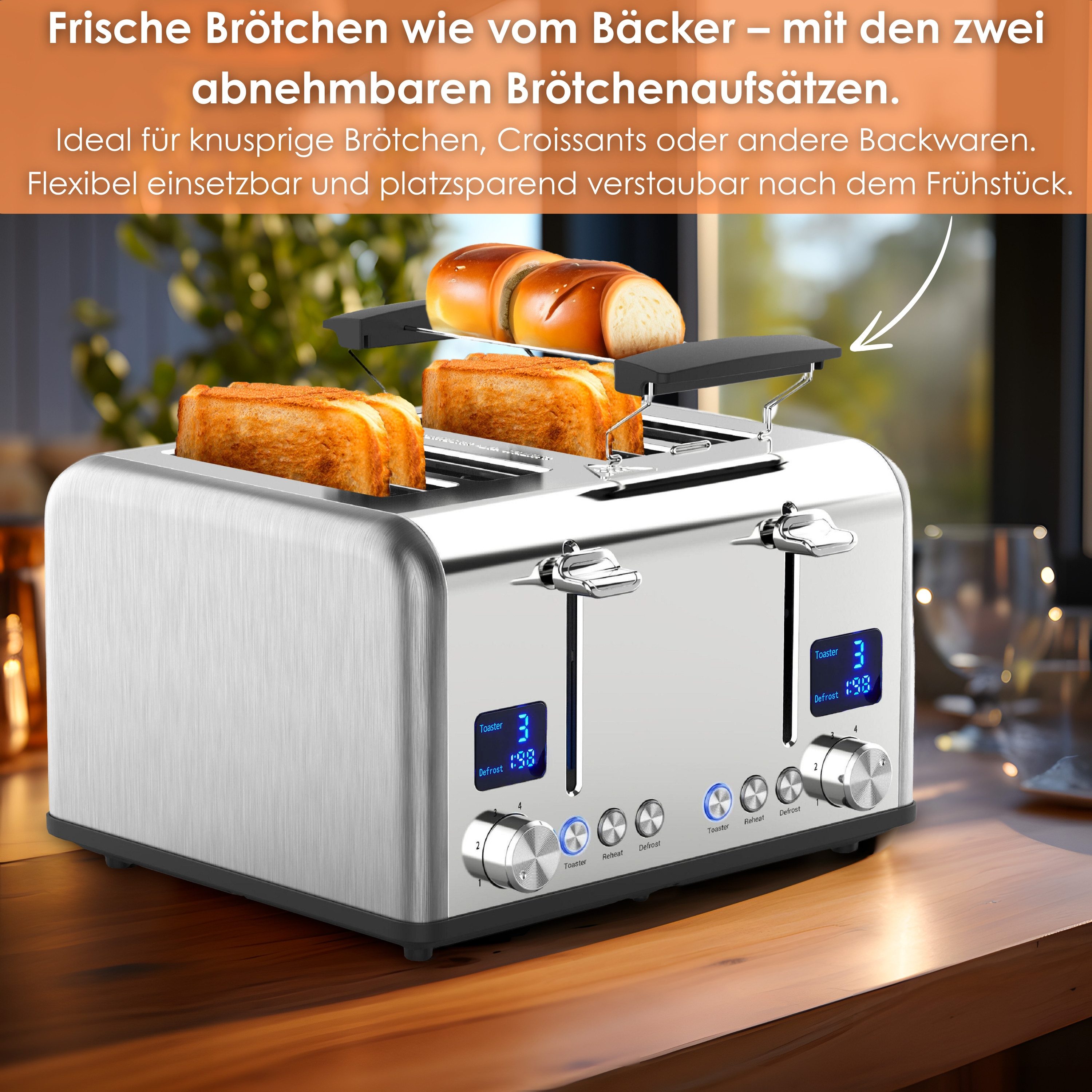 STEINBORG Toaster SB-2080, 4 kurze Schlitze, für 4 Scheiben, 1630 W, Edelstahl Gehäuse,Brötchenaufsatz,Krümelschublade,2xDigitales Display