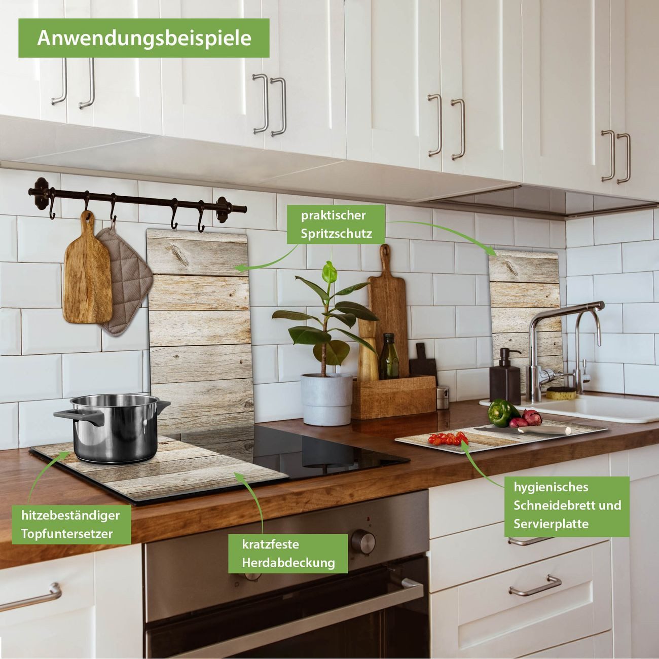 banjado Herd-Abdeckplatte zweiteilig aus Glas mit Motiv Graues Holz, (gehärtet, 2 tlg., inkl. selbstklebende Gummifüßchen)