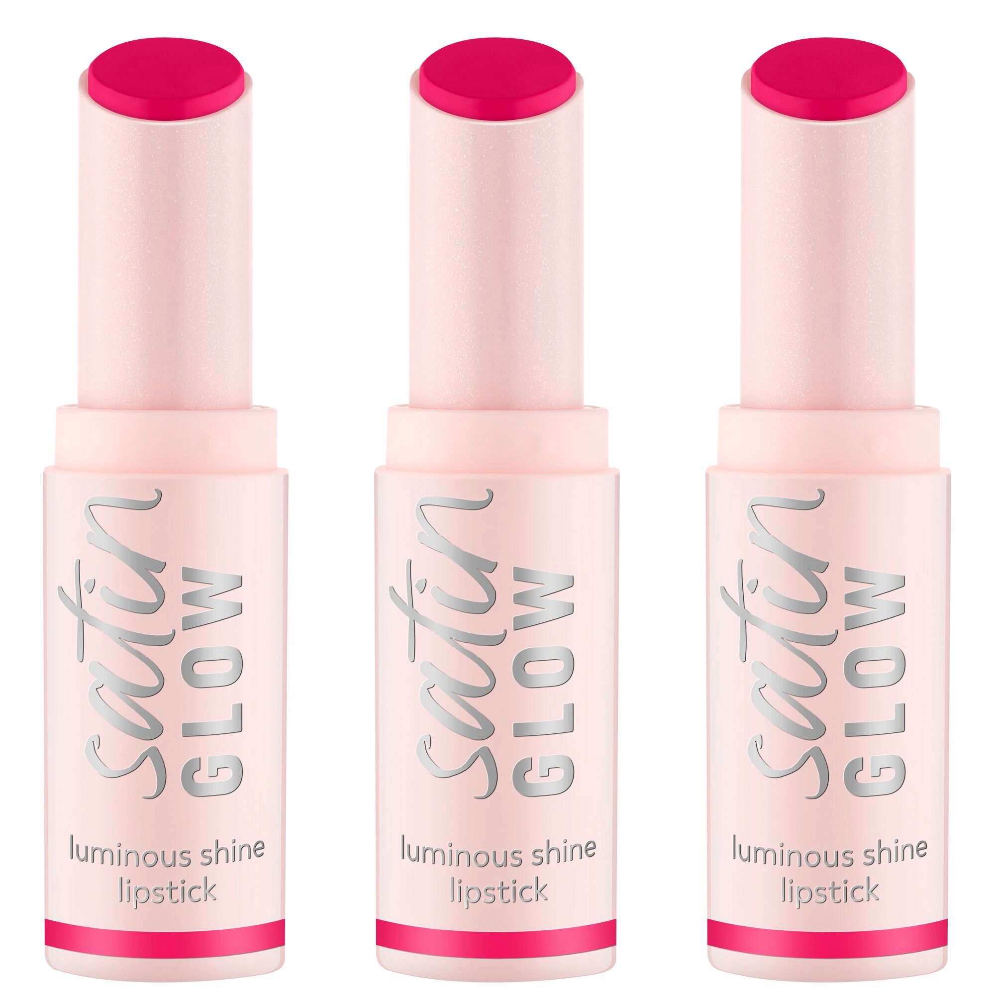 Essence Lippenstift SATIN GLOW LUMINOUS SHINE LIPSTICK, 3-tlg., Satin-Finish, langanhaltend, Farbintensiv, hohe Deckkraft