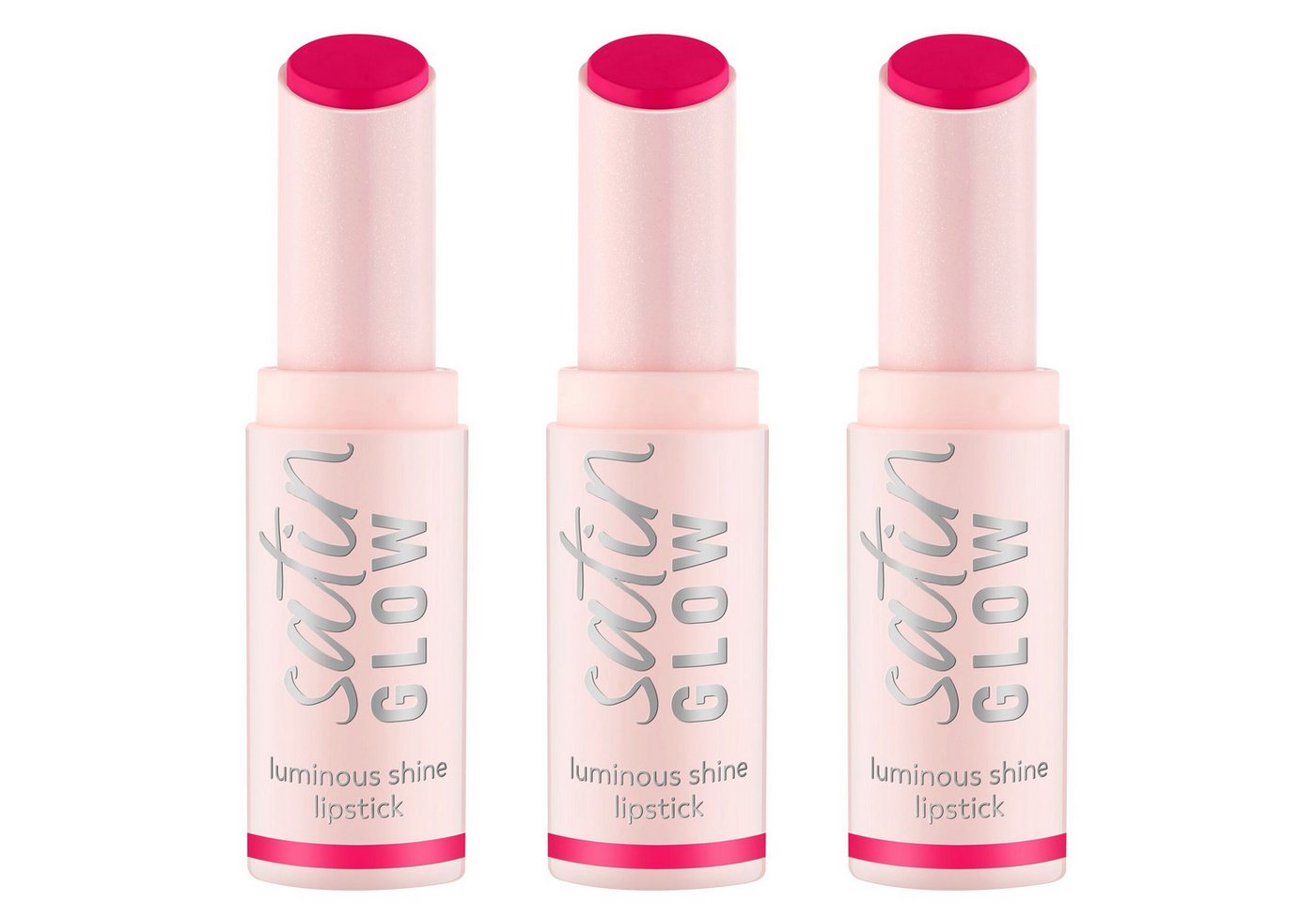 Essence Lippenstift SATIN GLOW LUMINOUS SHINE LIPSTICK, 3-tlg., Satin-Finish, langanhaltend, Farbintensiv, hohe Deckkraft