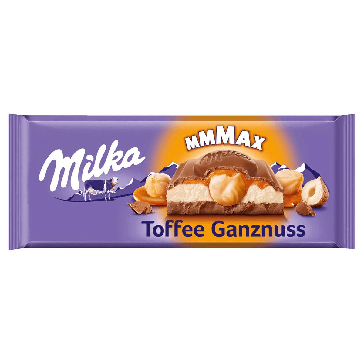 MILKA Schokolade, Milka Mmmax Toffee Ganznuss mit Karamell und Milchcreme XXL Tafel 300g