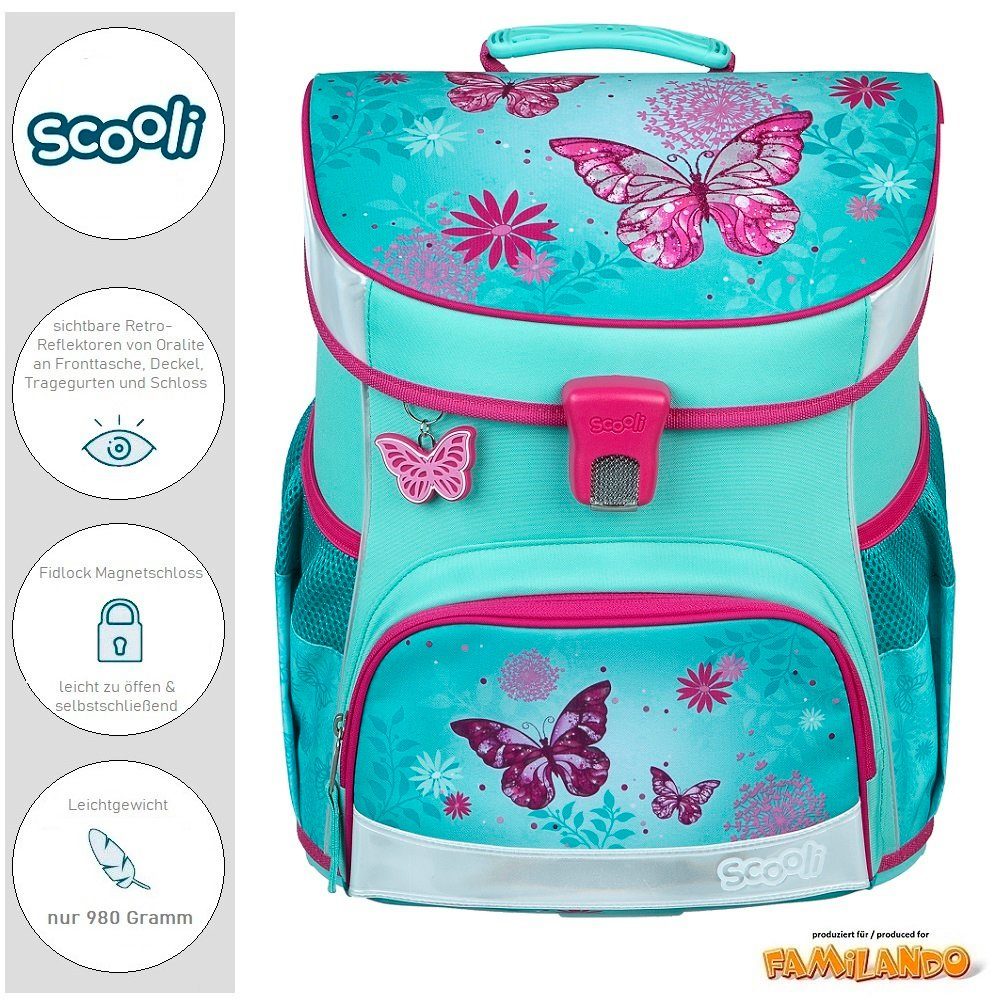 Scooli Schulranzen Campus Fit Schmetterlinge, türkis, Butterfly, ab 1. Klasse (Grund-Set, 5-tlg., mit gefüllter Federmappe, Turn- & Geldbeutel), leicht, kompakt, robust