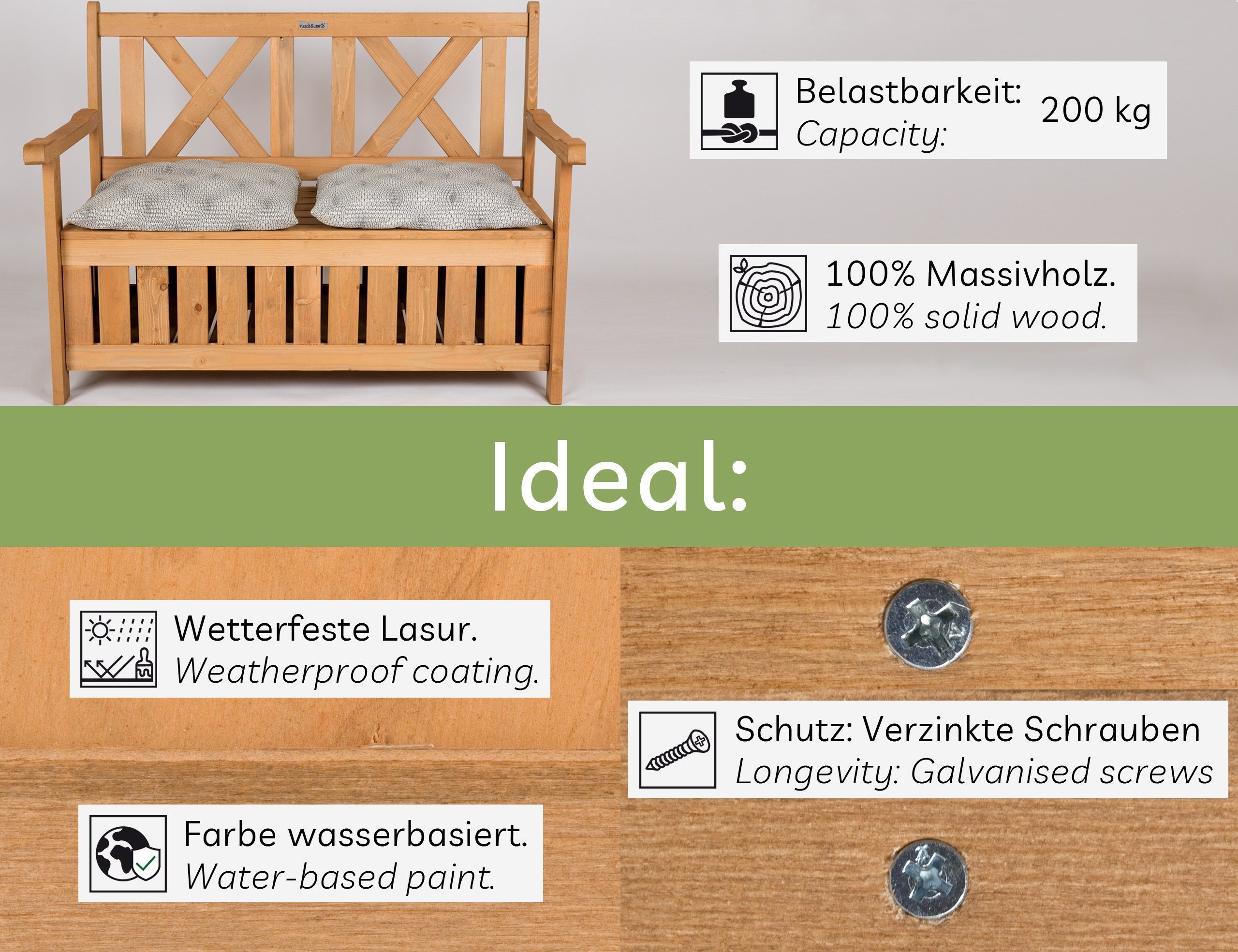 needs&wants® Gartenbank Holz wetterfest mit Stauraum, Truhenbank Holzbank Sitzbank Truhe braun, mit Textil Abdeckung 2-Sitzer Parkbank Garten Outdoor klassisch  – Bild 4 von 5
