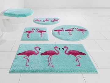 Badematte Flamingos Grund, Höhe 20 mm, rutschhemmend beschichtet, fußbodenheizungsgeeignet, Kunstfaser, rechteckig