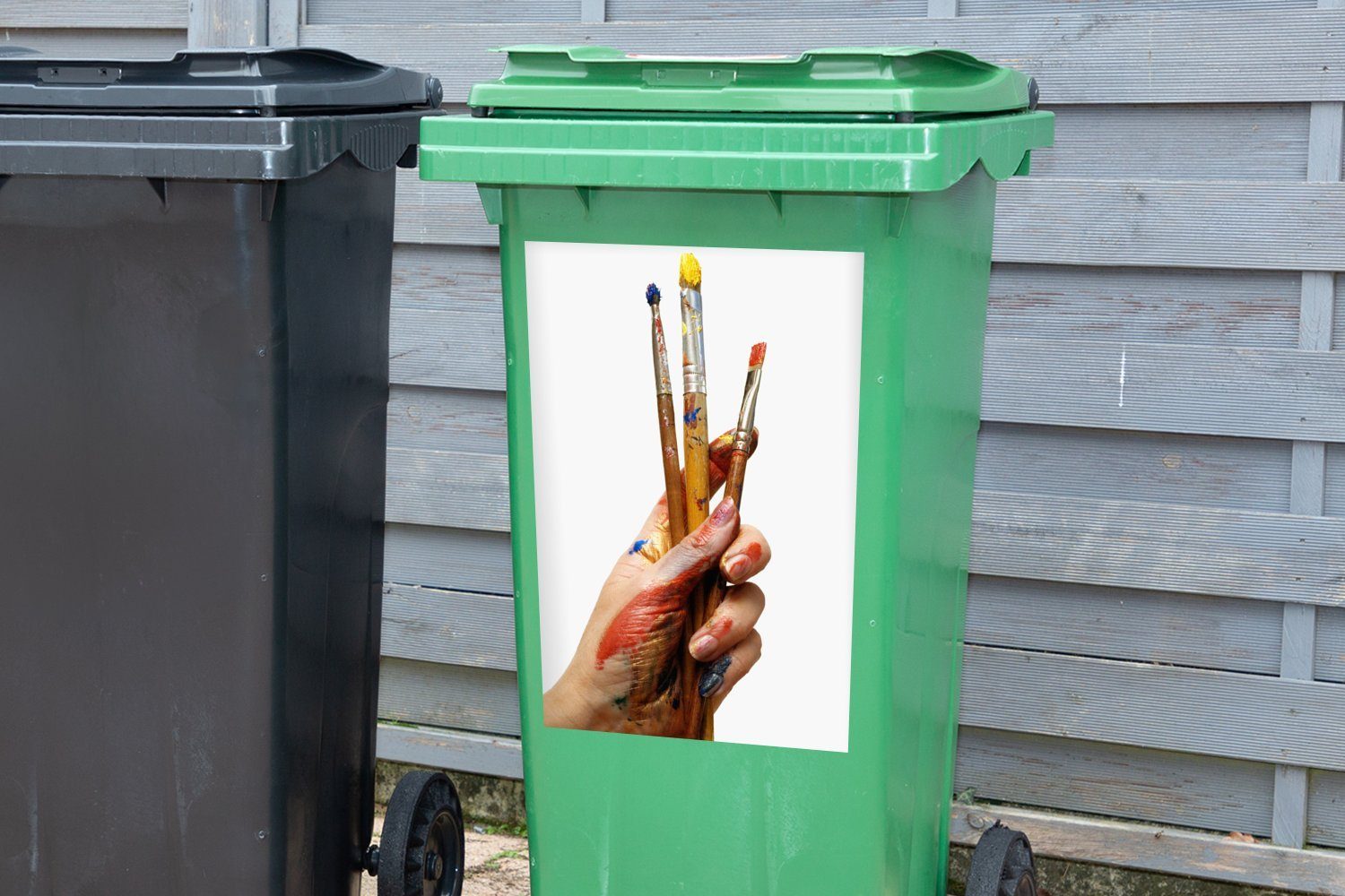 St), Sticker, Wandsticker Hintergrund mit weißem auf Mülleimer-aufkleber, Pinsel MuchoWow Abfalbehälter Container, (1 Hand Mülltonne,