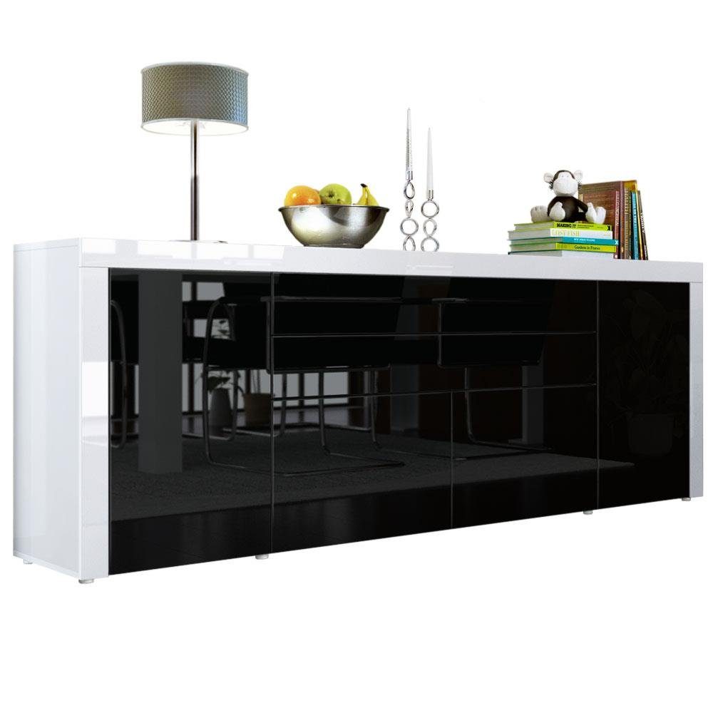 Vladon Sideboard La Paz (Kommode, mit 2 Türen, 2 Schubkästen und 2 Klappen), Schwarz Hochglanz/Weiß Hochglanz (200 x 72 x 35 cm)