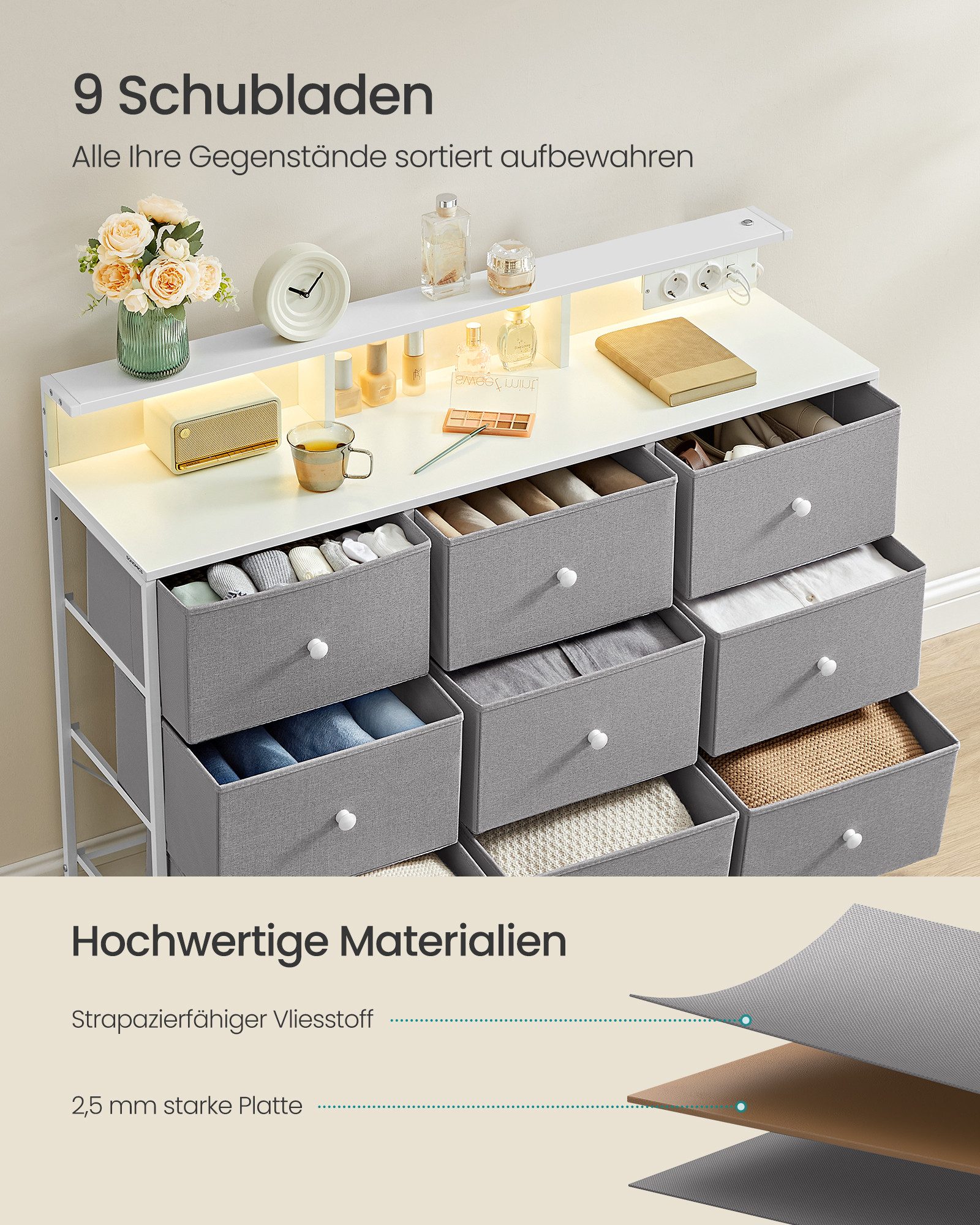 SONGMICS Kommode Aufbewahrungsschrank mit 9 Schubladen und LED-Beleuchtung, Steckdosenleiste, Stahlrahmen, 33,5 x 114 x 84 cm – Bild 4 von 5