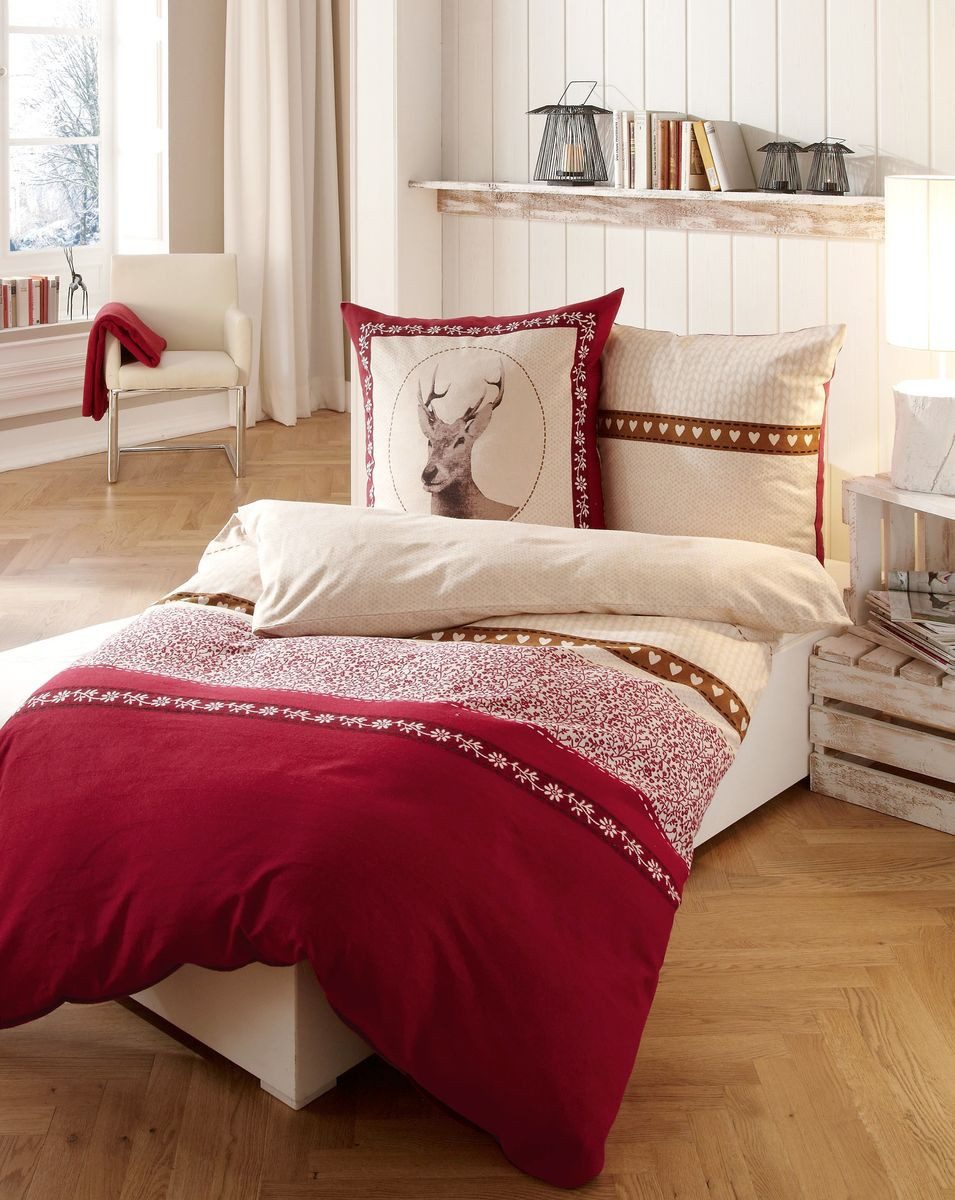 Kaeppel Bettwäsche 135x200cm Waldtiere mit Herzen Rot Sand, Biber, 2 teilig günstig online kaufen