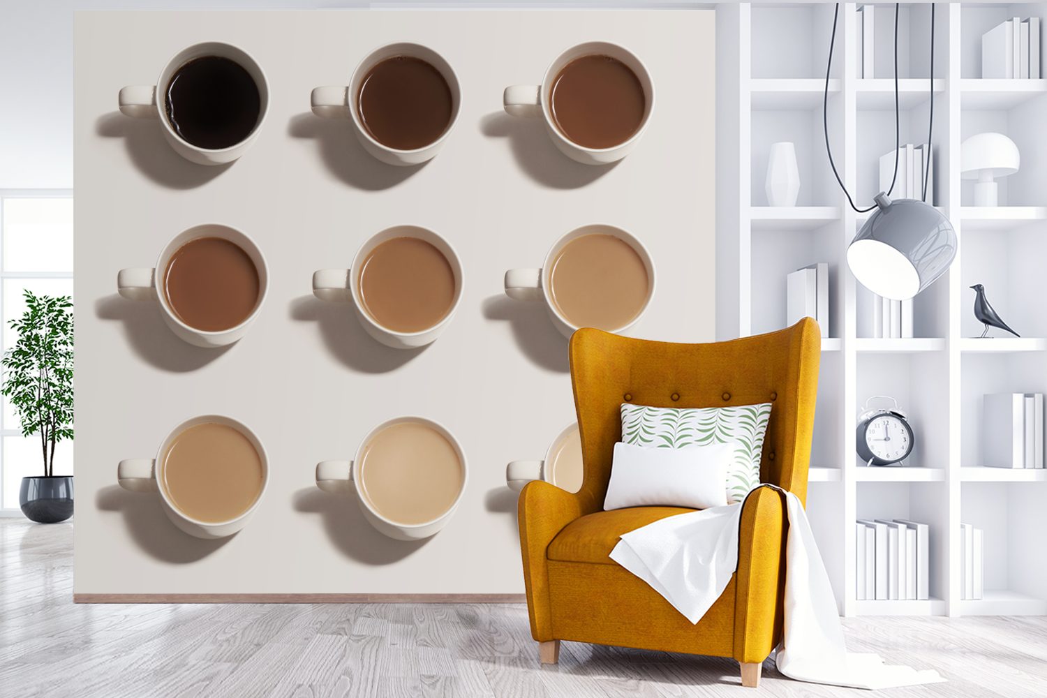 Wohnzimmer, bedruckt, Kaffeesorten einem Verschiedene Montagefertig Wandtapete Fototapete (5 Hintergrund, Matt, weißen für MuchoWow vor Vinyl St), Tapete
