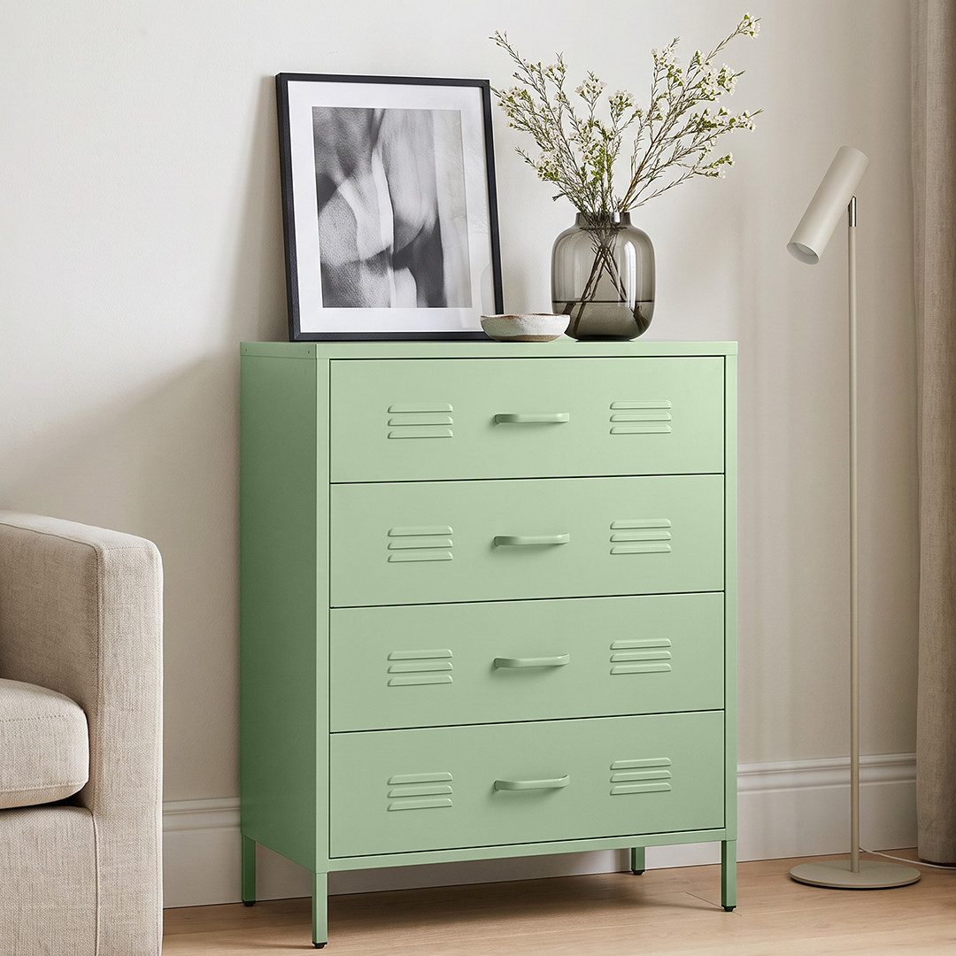 skølm Kommode Atria aus Metall (Grün), Sideboard mit 4 Schubladen, Metallschrank mit höhenverstellbaren Füßen