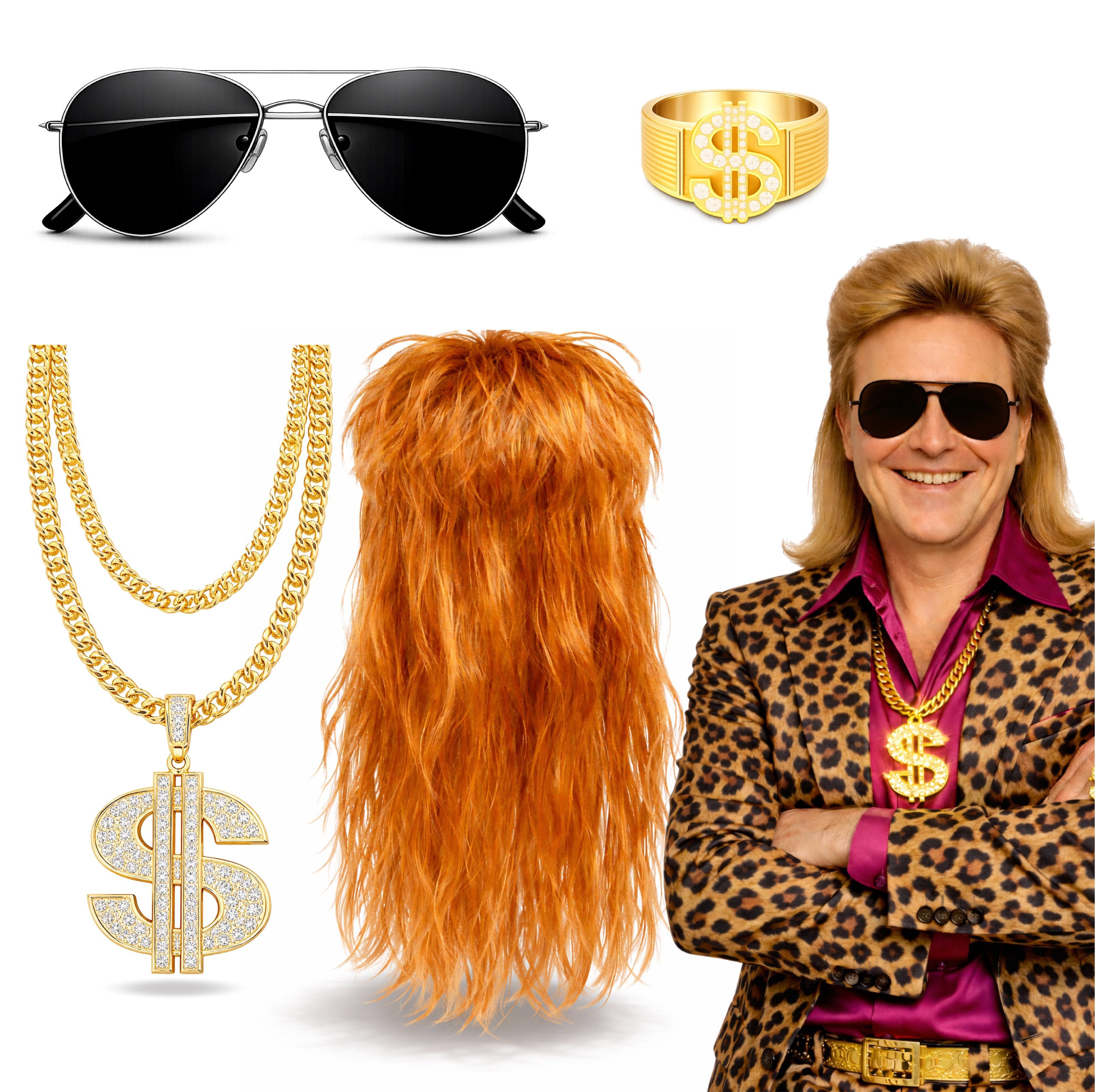 Costumed Kostüm Vokuhila 4-in-1 Set – Markantes Kostümzubehör für Retro-Partys