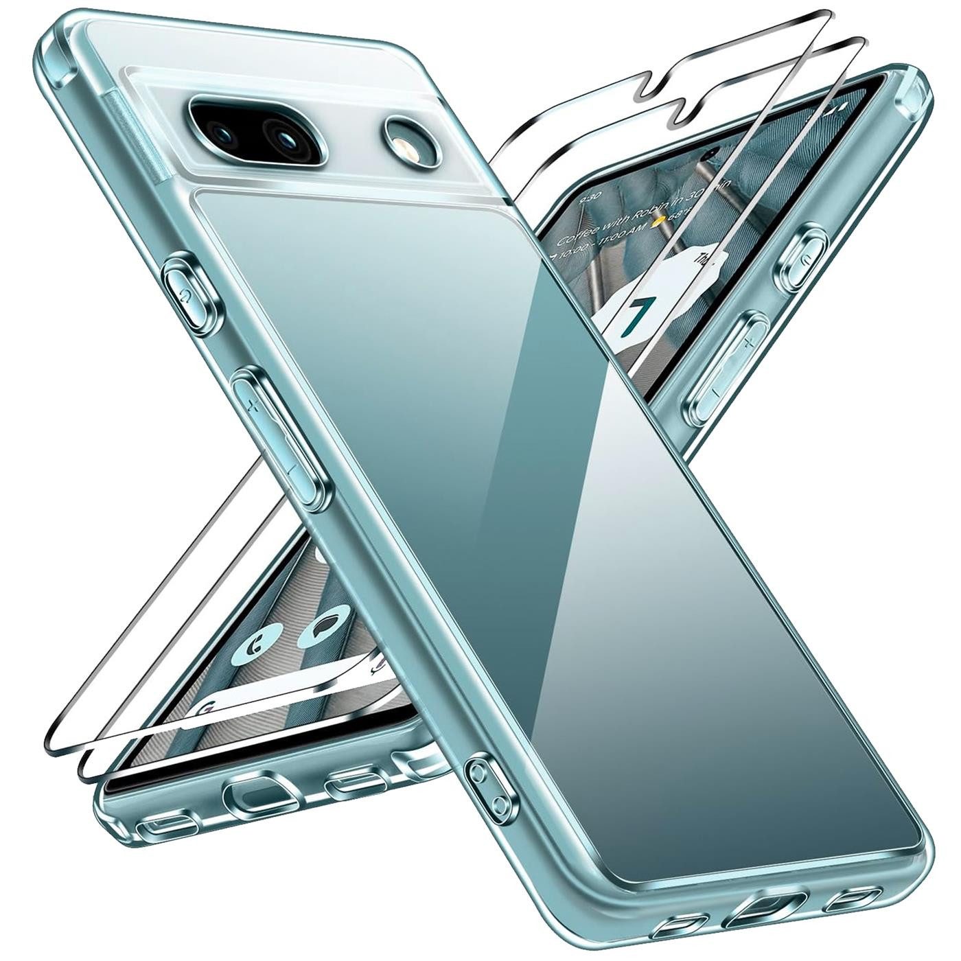 CoolGadget Handyhülle Transparent als 2in1 Schutz Cover Set für das Google Pixel 7a 6,1 Zoll, 2x 9H Glas Display Schutz Folie + 1x TPU Case Hülle für Pixel 7a