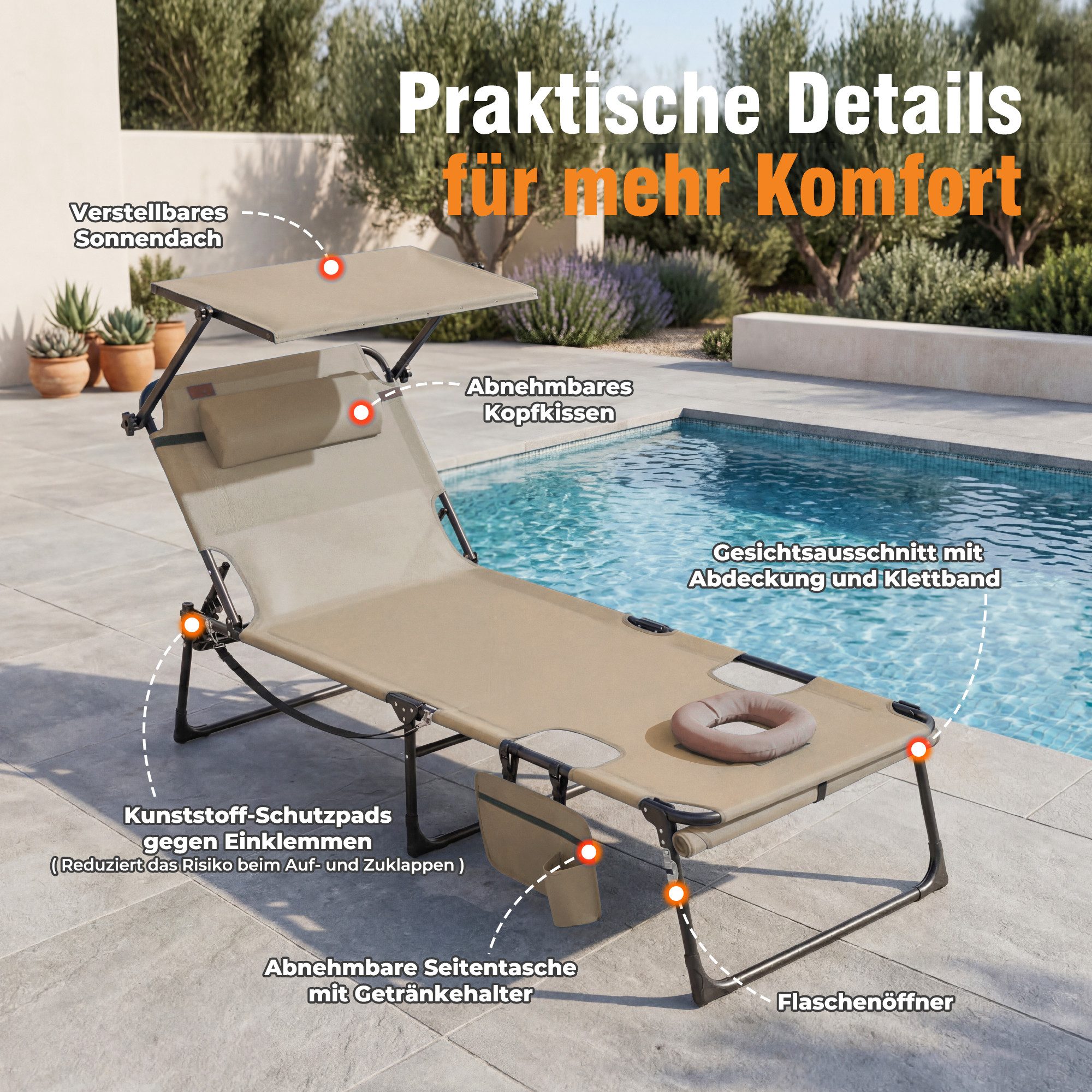 HOMECALL Gartenliege Sonnenliege mit Gesichtsöffnung und Sonnendach, klappbarer Liegestuhl, bis180 kg 200x70cm 4-Fach verstellbare Rückenlehne, 1 St., für Garte – Bild 3 von 5