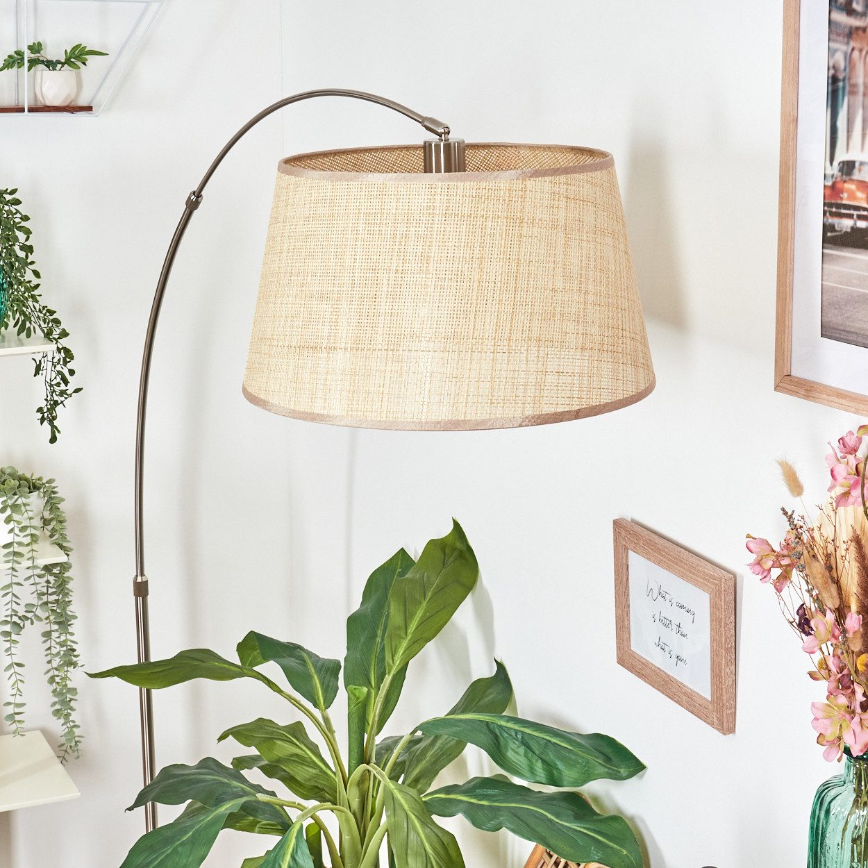 hofstein Bogenlampe Stehlampe aus Metall/Papiergeflecht in Nickel-matt/Schwarz/Natur/Beige, verstellbare Stehleuchte mit Marmorfuß u.Fußschalter, Boho-Design, E27