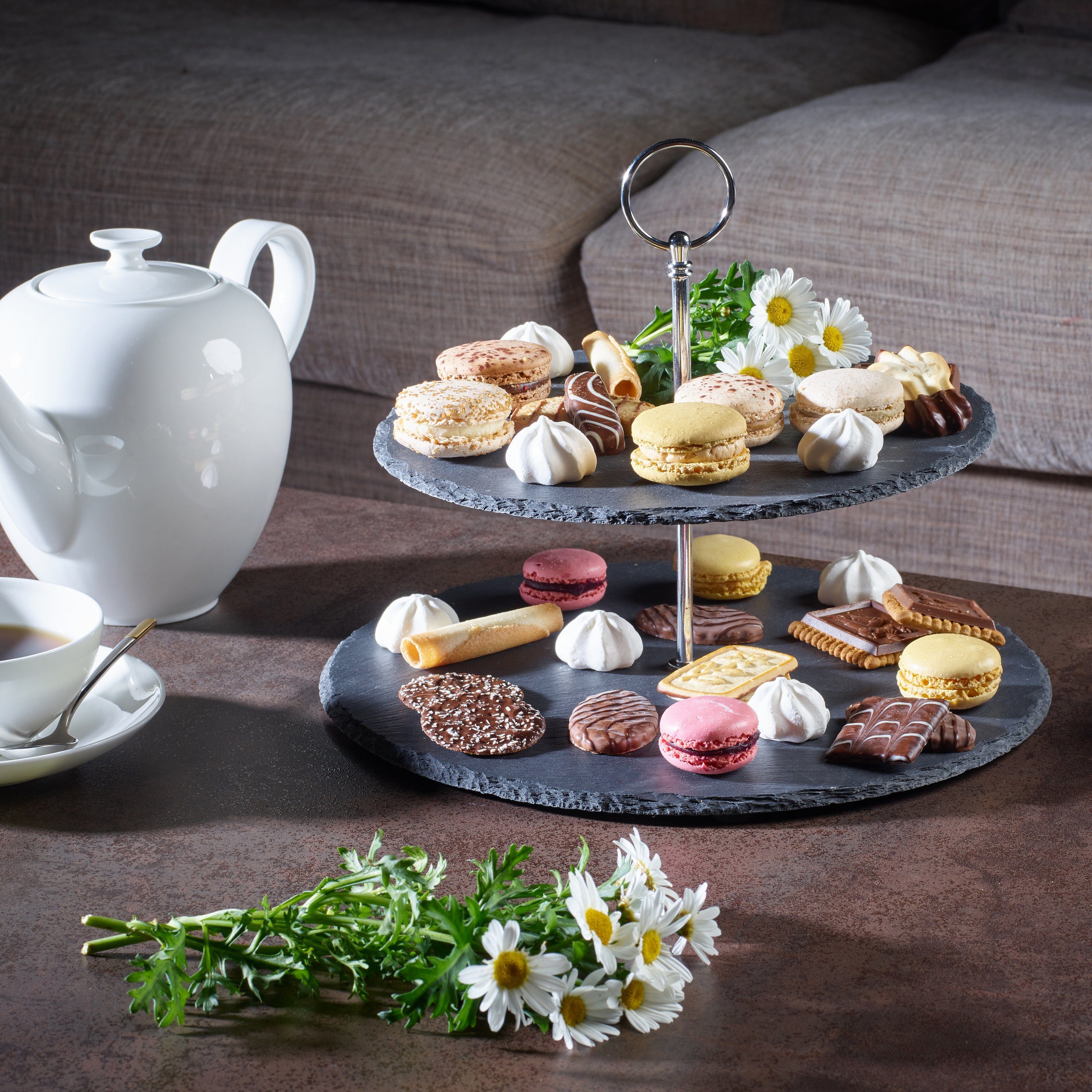 ECHTWERK Etagere Schiefer Etagere, Schiefer, für Gebäck, Obst, Käse und Dessert aus Naturschiefer mit Metallgriff