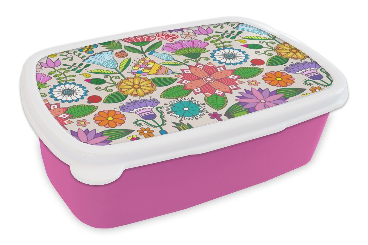 (2-tlg), Snackbox, Erwachsene, Brotbox rosa - Blumen Mädchen, Kunststoff Brotdose Design, Kinder, Regenbogen Lunchbox Kunststoff, Schmetterling - für - MuchoWow
