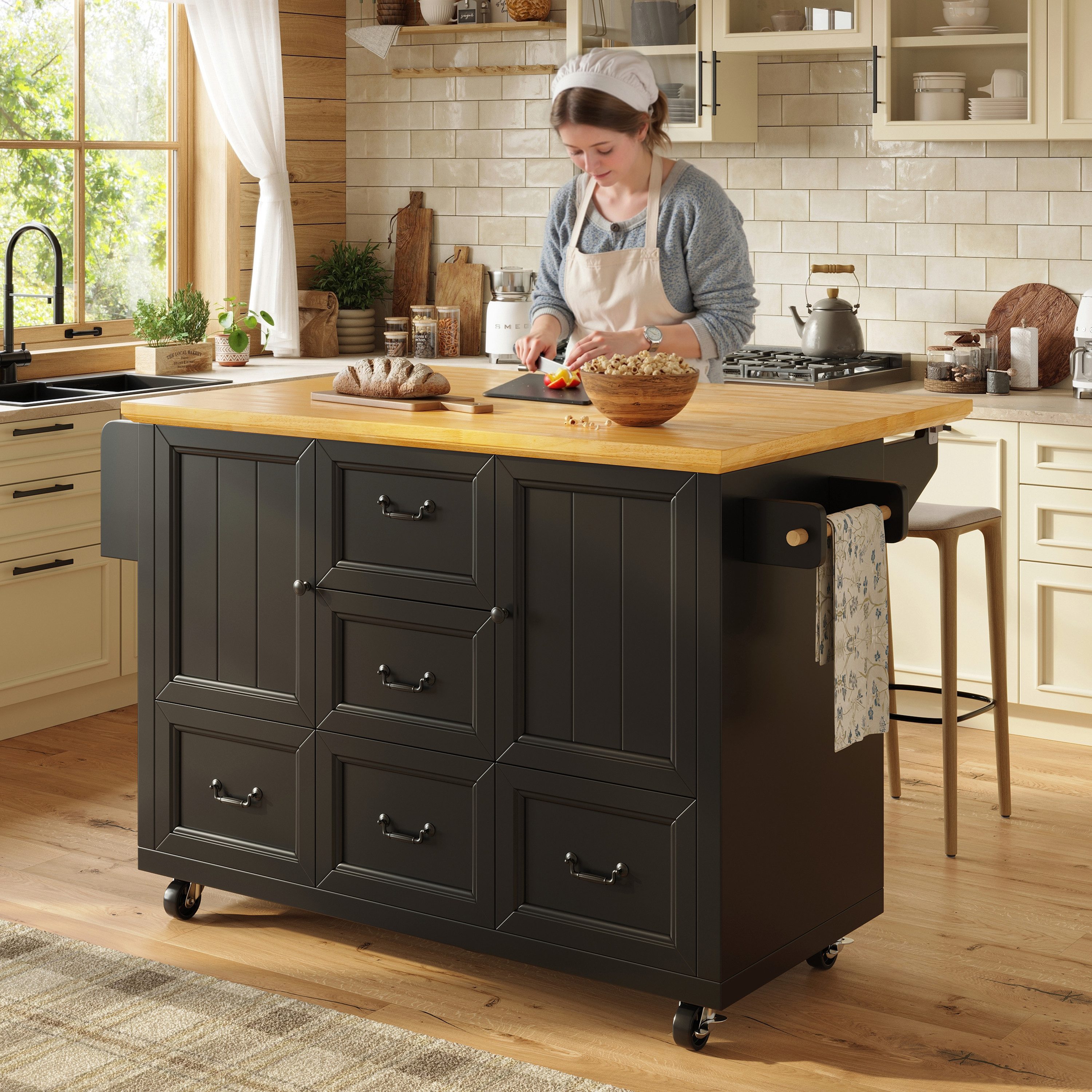 KLAM HOME Kücheninsel Kücheninsel mit ausziehbarer Arbeitsplatte und Rollen, (Vielseitiges Sideboard mit integriertem Gewürzregal), Flexibler Küchenwagen mit verstellbaren Einlegeböden