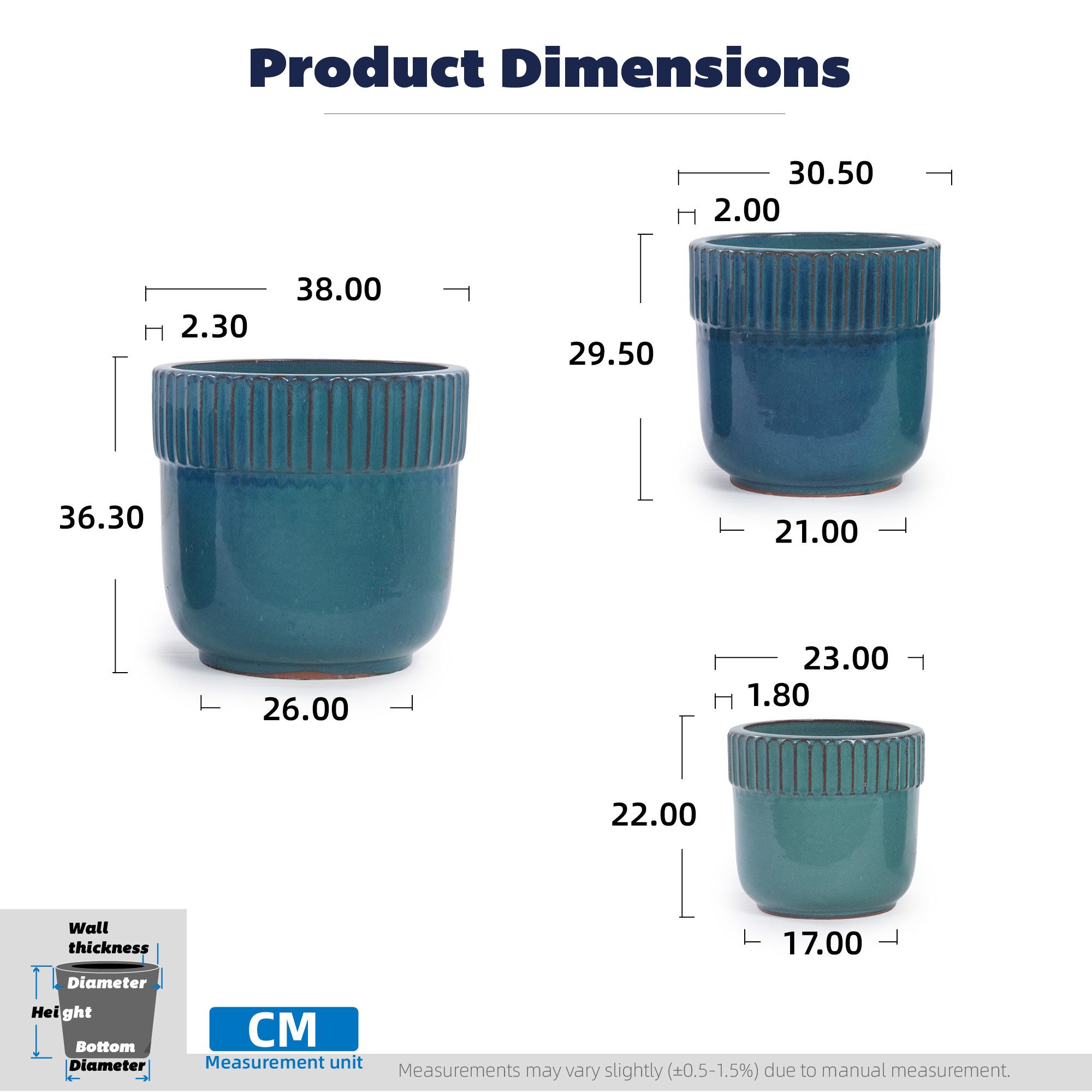 CHICFURN Blumentopf Handgefertigtes Keramik Pflanzgefäß mit vertikaler Rillenleiste (Packung, 1 St., Atmungsaktiv, frostsicher, Ablauflöcher), Glänzend Türkisblau, Ø 23 cm