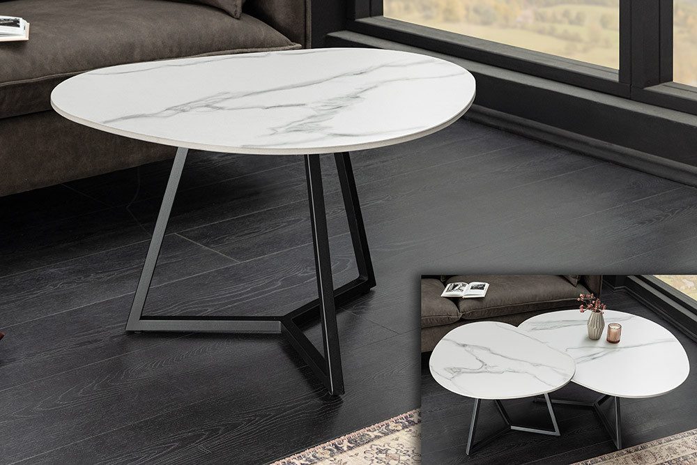 riess-ambiente Couchtisch MARVELOUS 90cm weiß/schwarz – Keramik, Metallgestell, Marmor-Design (Einzelartikel, 1-St), pflegeleichte Keramikplatte & stabiles Gestell – ideal für Wohnzimmer