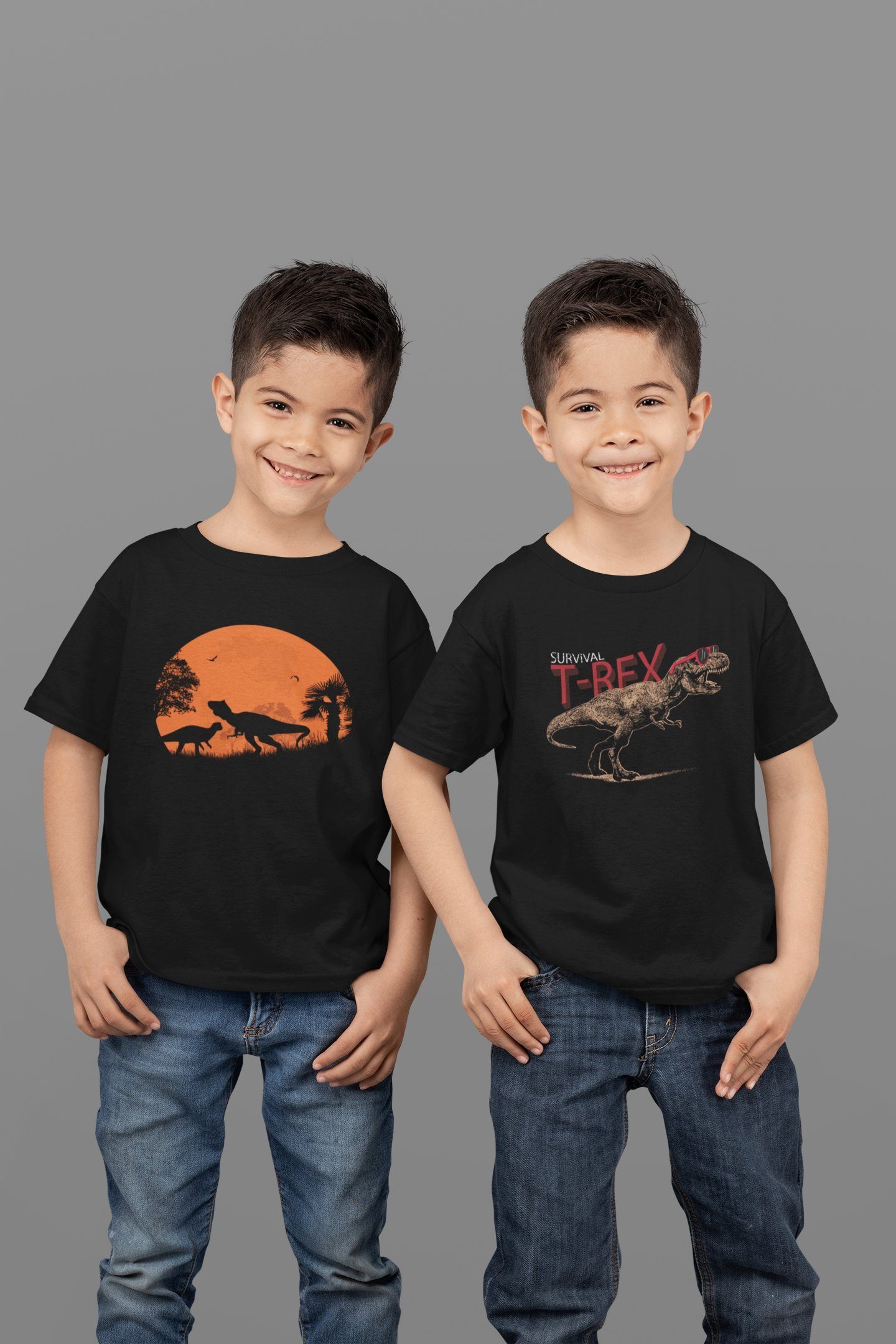 Baddery Print-Shirt Kinder T-Shirt: "Dino Dawn" - T-Rex Tyrannosaurus Dino Dinosaurier, hochwertiger Siebdruck, aus Baumwolle – Bild 2 von 3