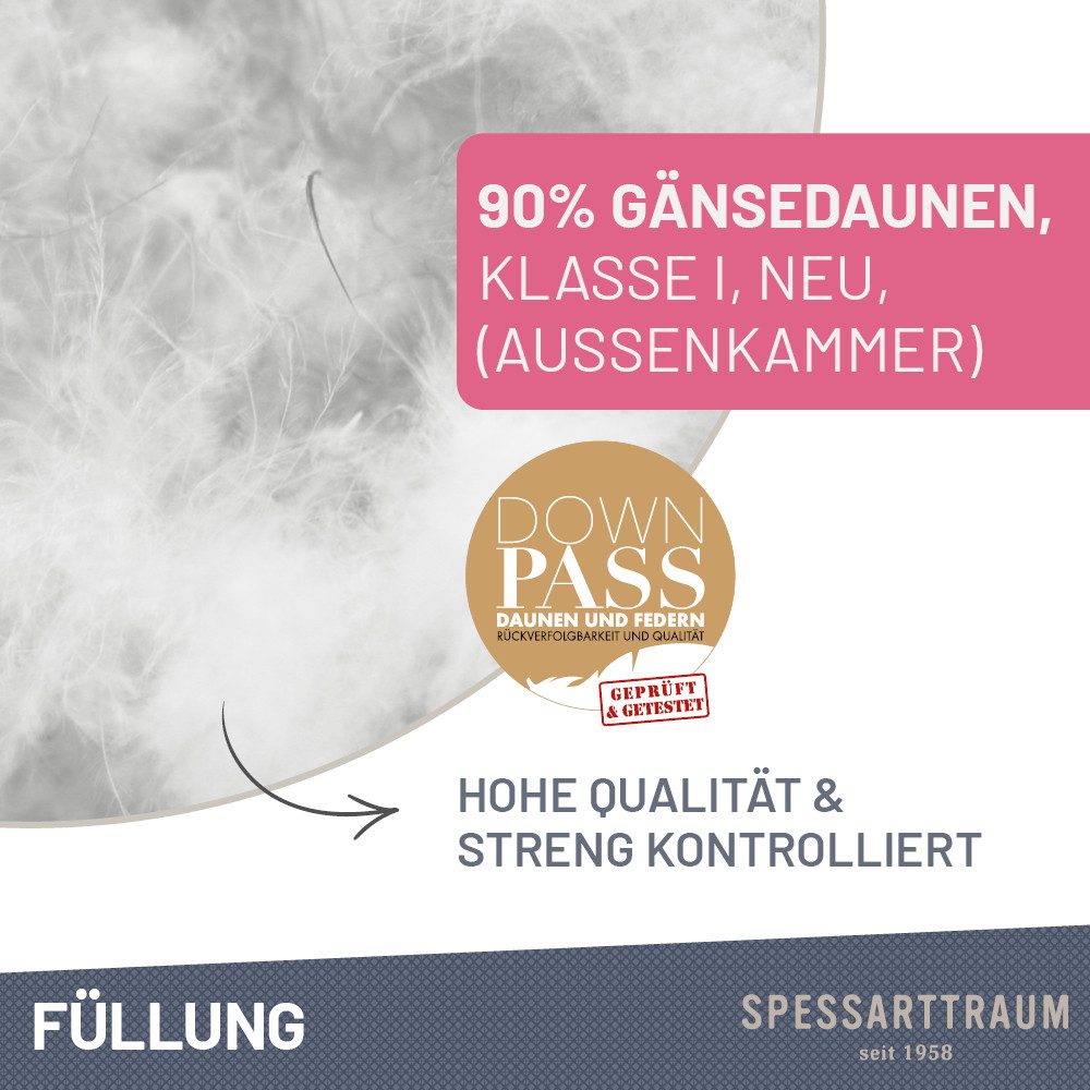 SPESSARTTRAUM 3-Kammer-Kopfkissen Premium, GRÖSSENAUSWAHL von 40x80 cm bis 80x80 cm, Füllung: weiße neue Gänsedaunen und -federn, Klasse I, 90% Daunen / 10% Federn (Außen), weiße neue Gänsefedern, Klasse I, 100% Federn (Innen), Bezug: feiner Daunen-Batist, 100% Baumwolle, Seitenschläfer, Bauchschläfer, Rückenschläfer, hergestellt in Deutschland
