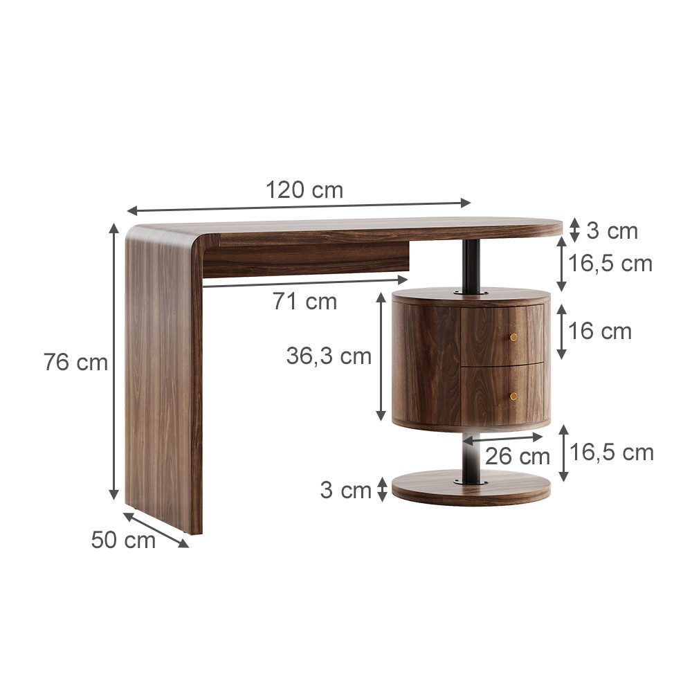 Vicco Schminktisch Lara, Eiche rustikal, 120 cm mit 2 Schubladen (1-St)