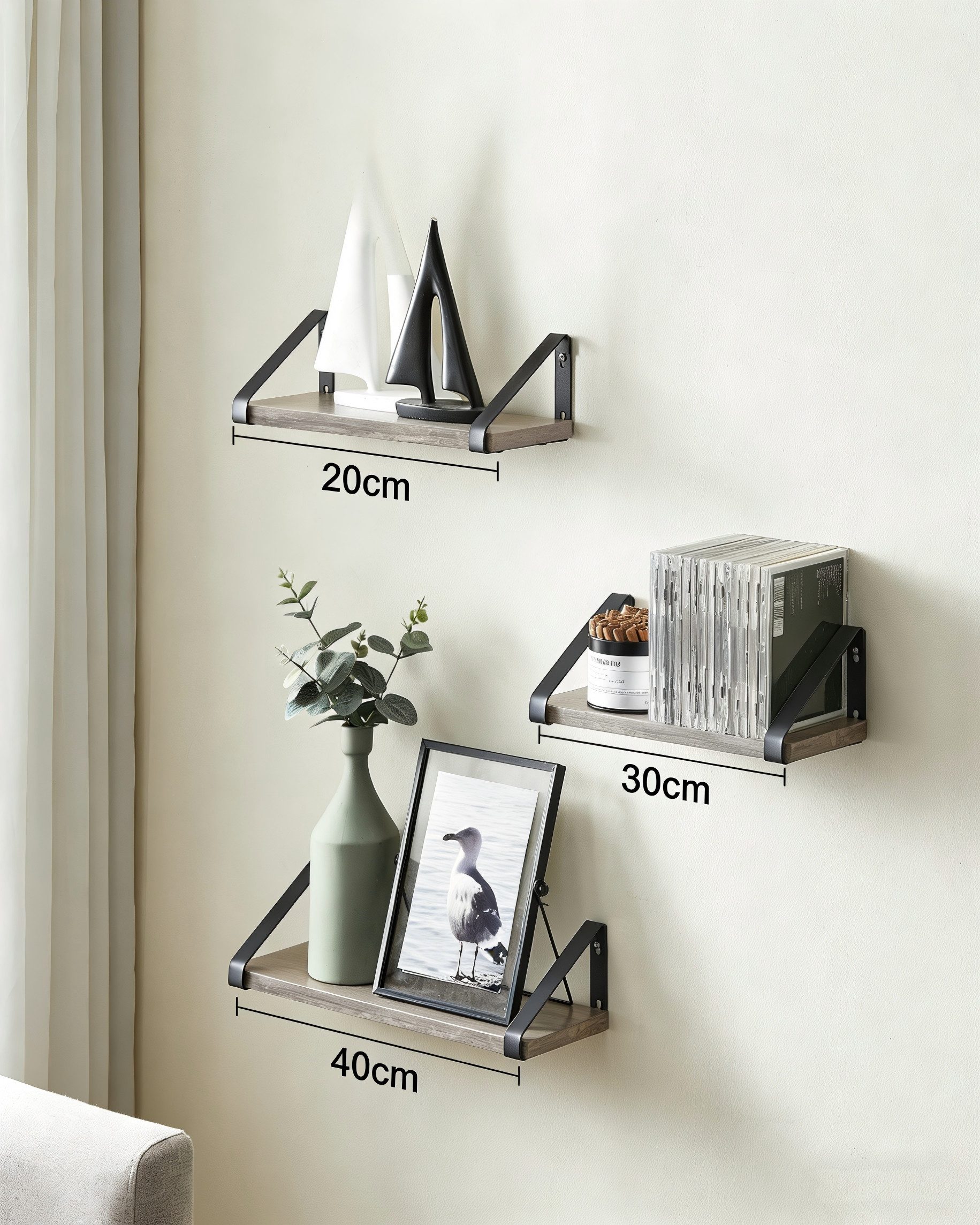 VASAGLE Wandregal Schweberegal, 3er Set, Regalbrett, 2 Montagemöglichkeiten, 3-tlg., 20/30/40 cm, für Wohnzimmer, Küche