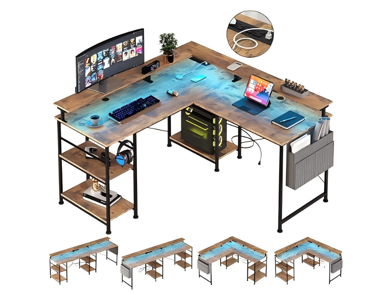 Yemaster Computertisch L-förmiger Computertisch mit Ablagefächern und Seitentasche
