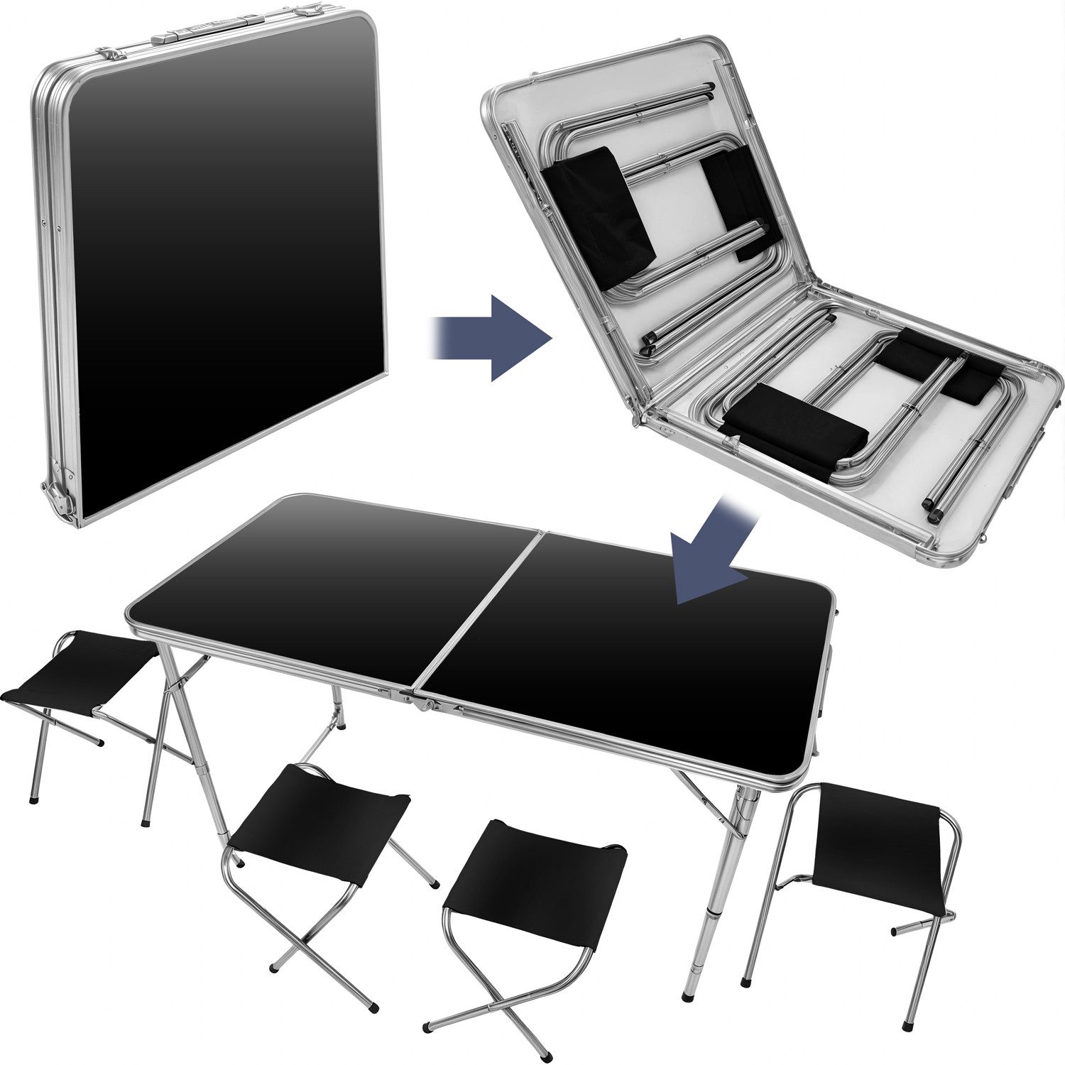 Goods+Gadgets Klapptisch Klapptisch-Set mit 4 Stühlen –Klappbarer Campingtisch & Mehrzwecktisch (Mehrzwecktisch, Campingtisch Markttisch), Multifunktionstisch mit 4 Stühlen - Schwarz