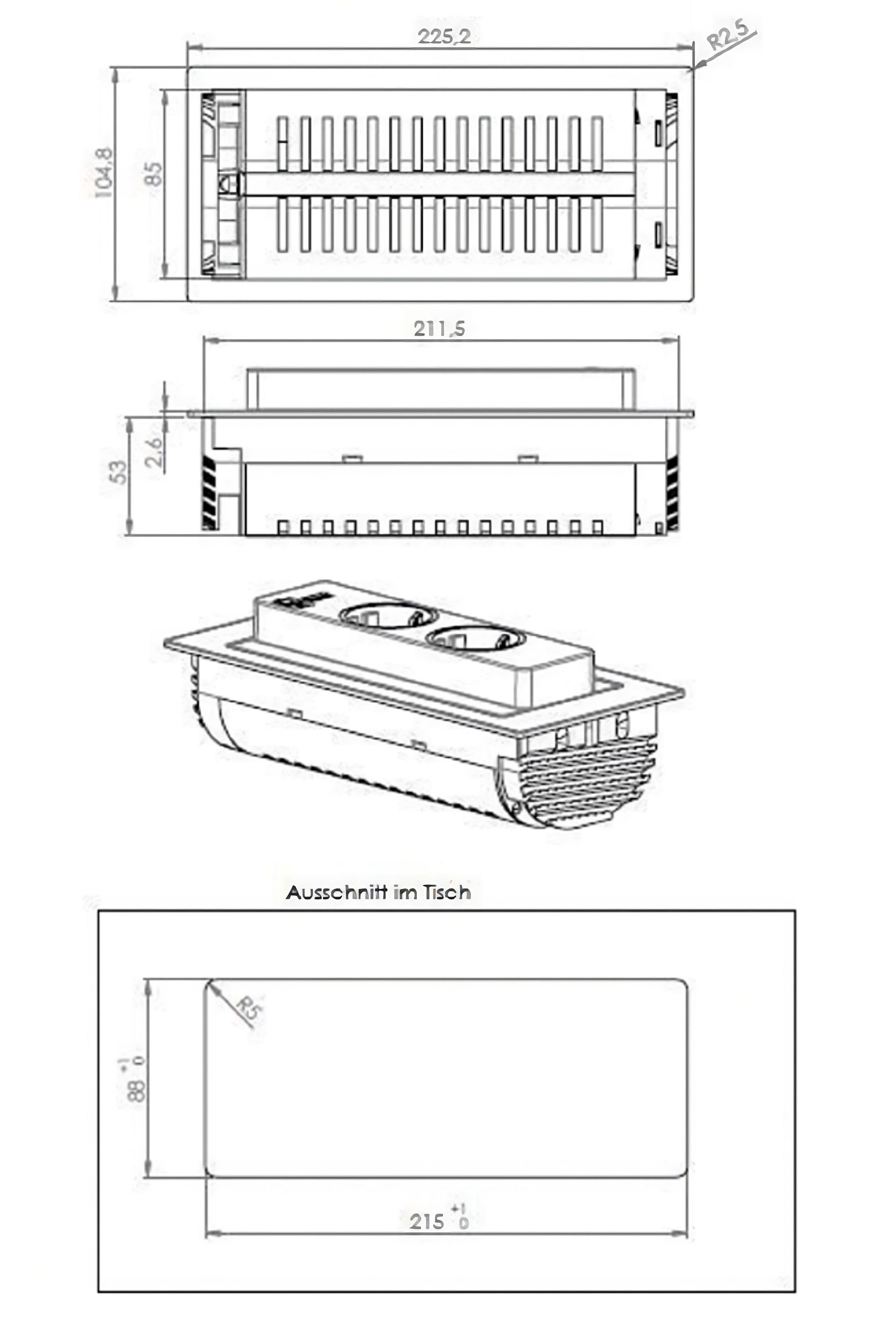 Evoline schwarz Einbau-Tischsteckdosenleiste und 2 matt Einbau-Steckerleiste Steckdosen versenkbare A - USB