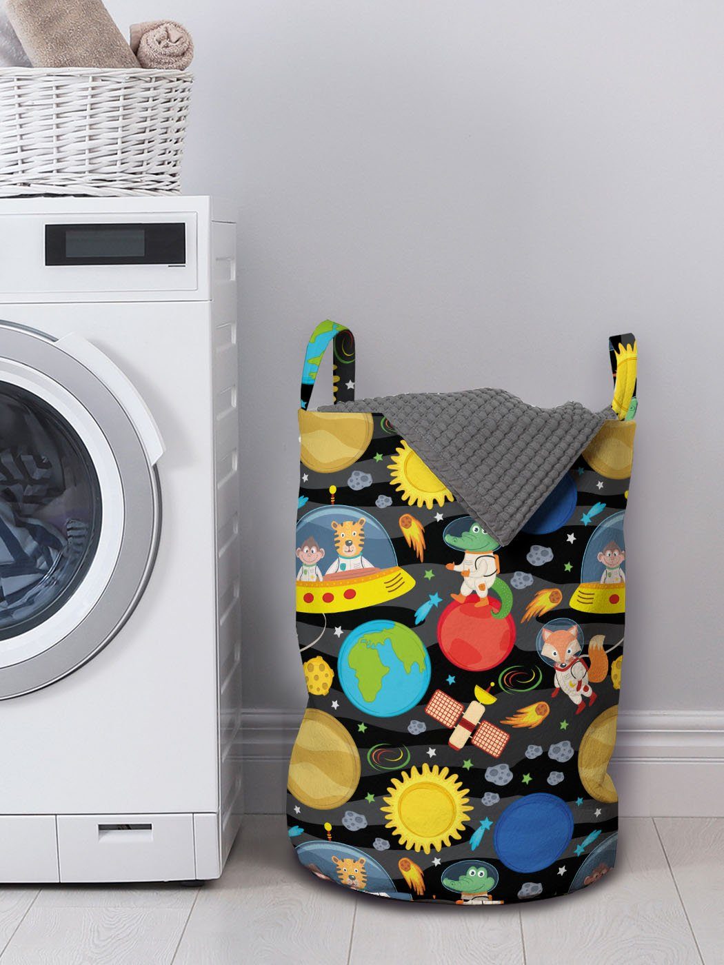 Abakuhaus Wäschesäckchen Wäschekorb Tiere mit Griffen Kordelzugverschluss Fun und Planeten Waschsalons, Weltraum für