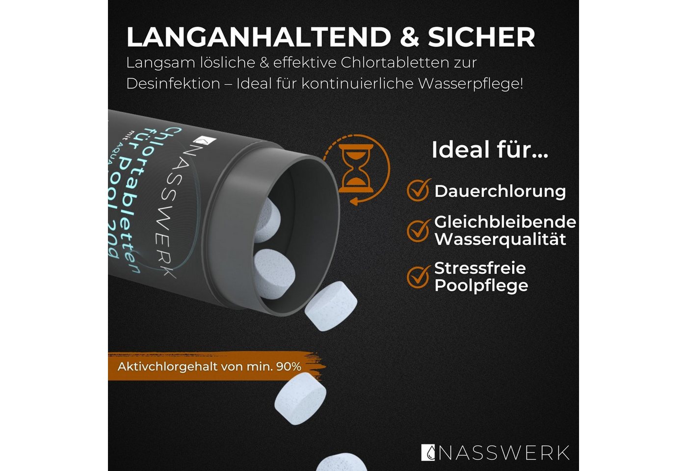 Thumbnail - Nasswerk® Chlortabletten Chlortabs - 20g langsamlöslich (Parent), 20g Chlortabletten 1kg – Langzeit Tabs für kleine Pool...