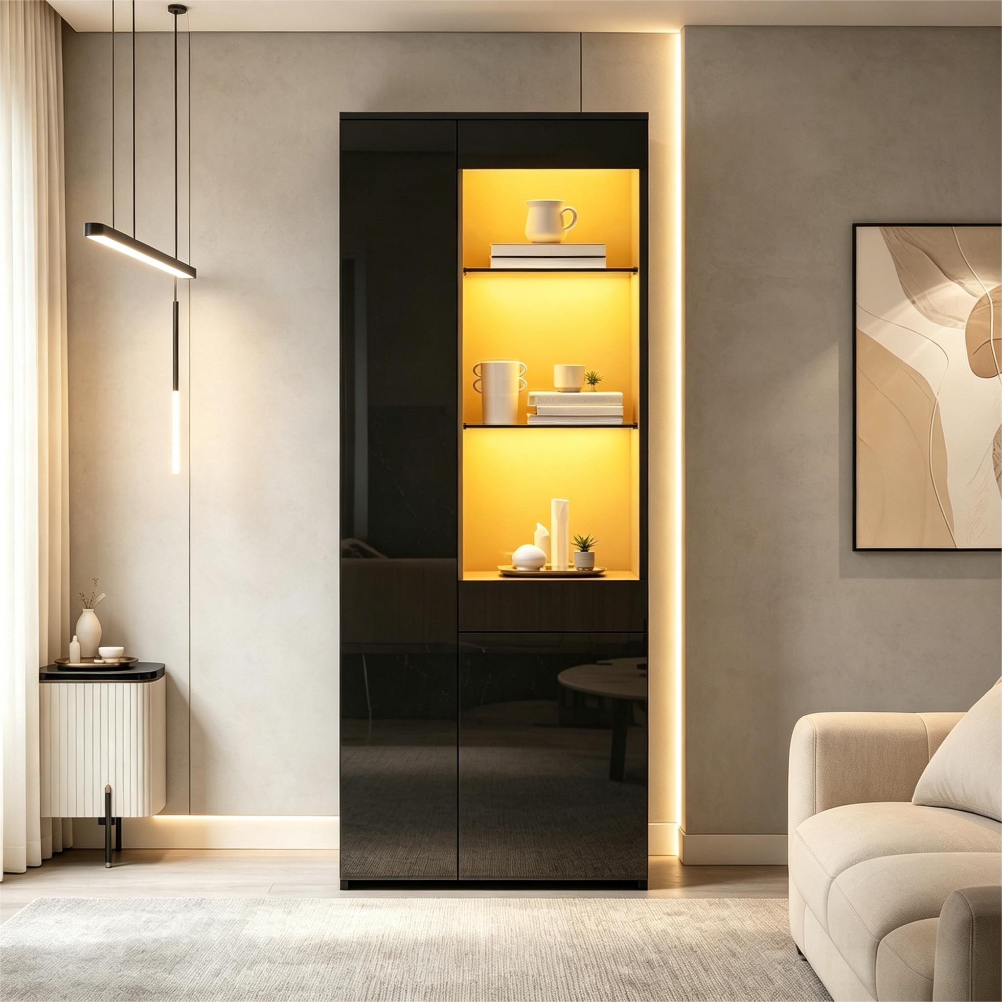 Merax Glasvitrine hochglanz Vitrine mit LED (70*35*180cm, 1-St., Hochschrank Standregal Schrank) Standvitrine Highboard mit Glasfächern, Schublade & Push-to-Open Türen