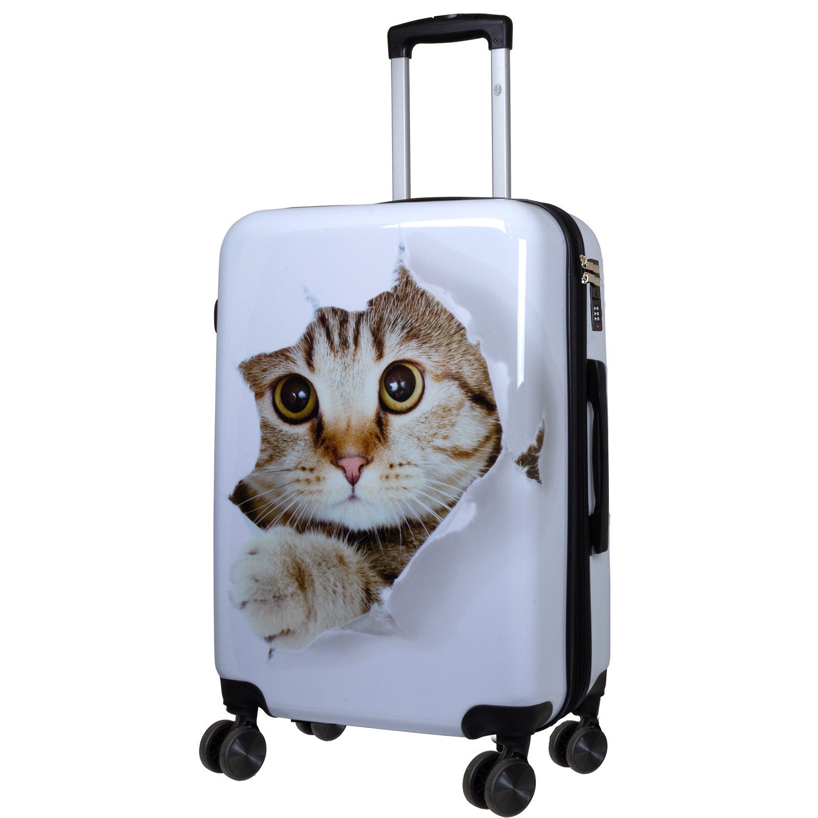 Trendyshop365 Hartschalen-Trolley Motivkoffer weiß mit Katze - Hartschalenkoffer - Doppelrollen, Zahlenschloss, Polycarbonat, Dehnfalte, Tiermotiv