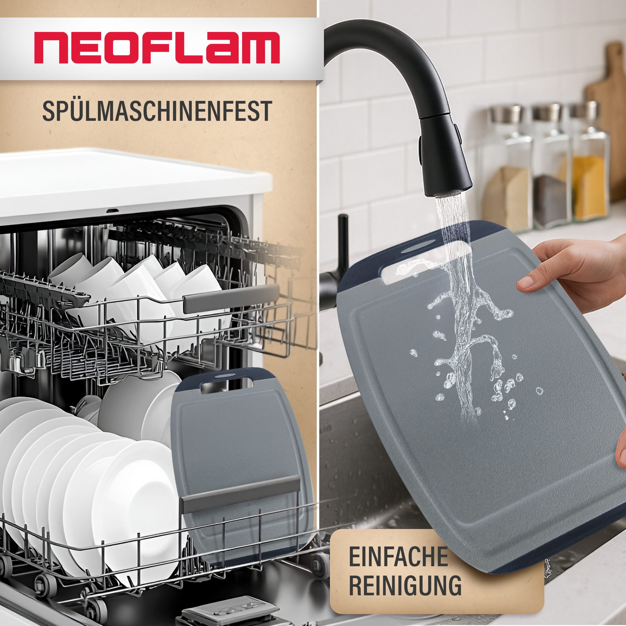 NEOFLAM® Schneidebrett BiJu Antibakterielles Frühstücksbrettchen Set, 4tlg. - Grau/Schwarz, Kunststoff (PP), (4-St)