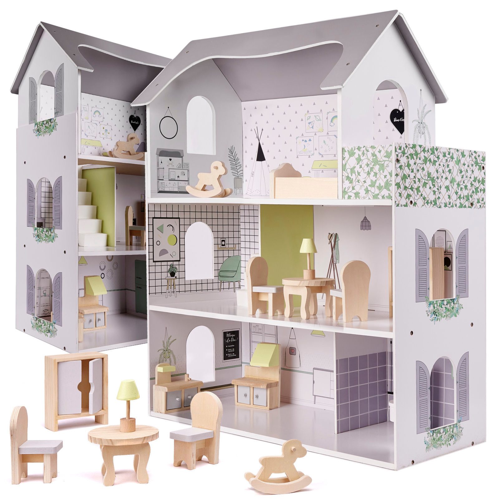 Ikonka Puppenhaus Holzpuppenhaus 70 cm grau mit Möbelset, drei Etagen und Treppe, (Dreistöckiges Holzpuppenhaus mit Möbeln für Kinder, Holzpuppenhaus 70 cm mit Möbelset für kreatives Rollenspiel), Dreistöckige Bauweise Möbel aus Holz Offene Spielflächen