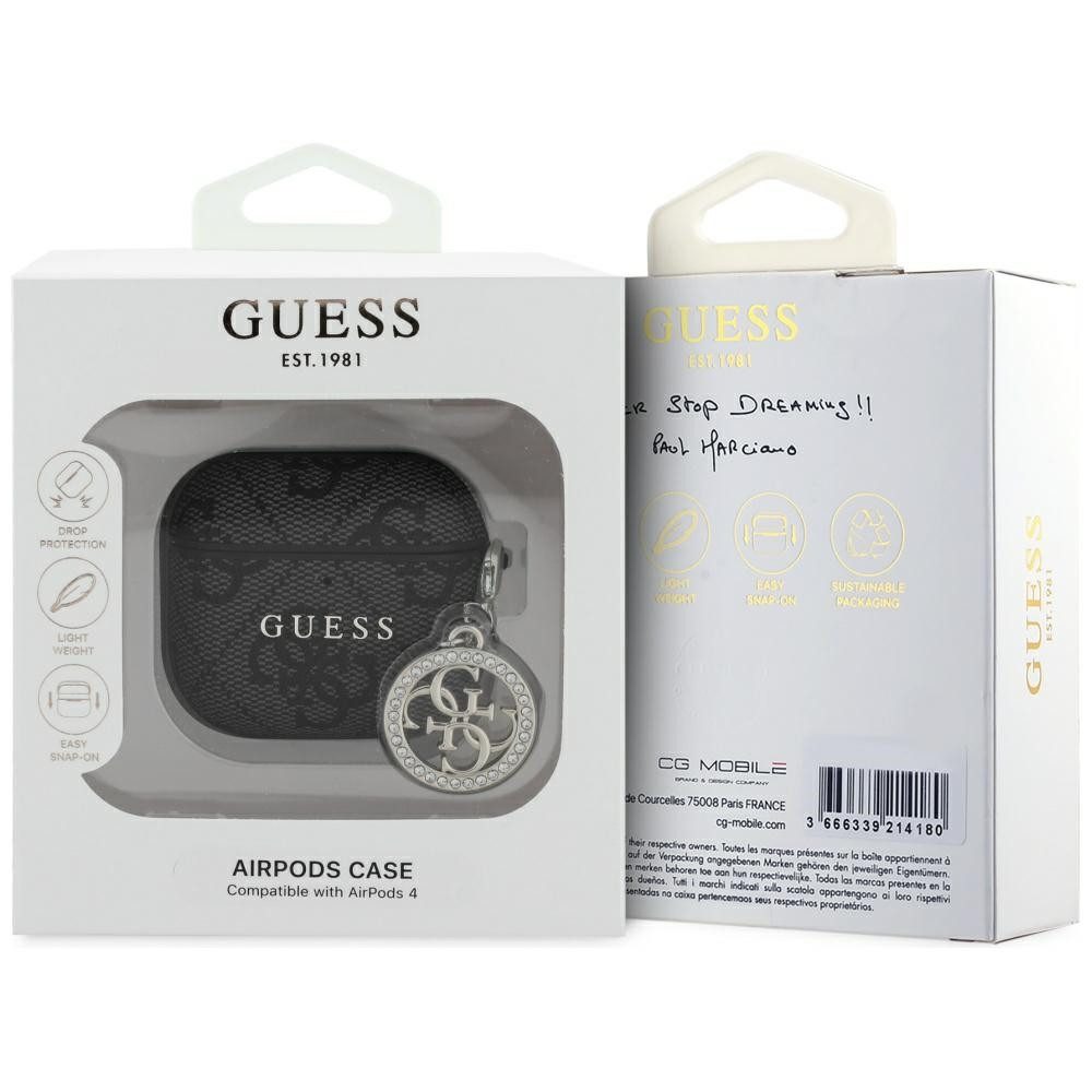 Guess Kopfhörer-Schutzhülle Case AirPods 4 Kunstleder grau Logo Metal Kette Strass goldfarbig, Kantenschutz
