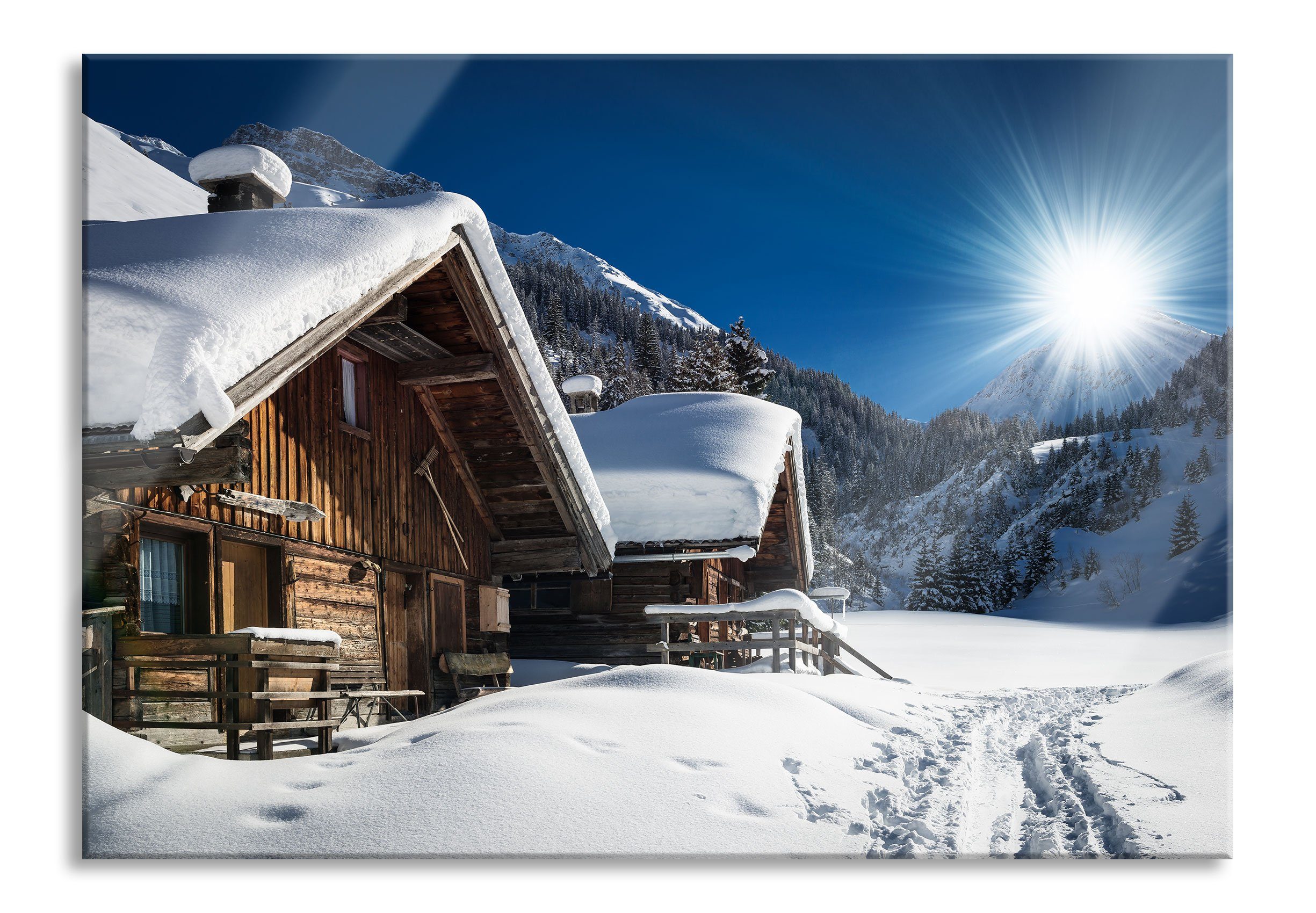 Aufhängungen Verschneite Alpenhütte Abstandshalter inkl. St), Echtglas, Glasbild Alpenhütte, Pixxprint (1 Verschneite und Glasbild aus